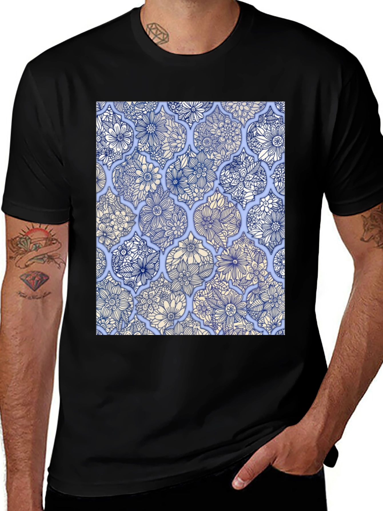 Variant 29 of Floral Tile Print Black T-Shirt