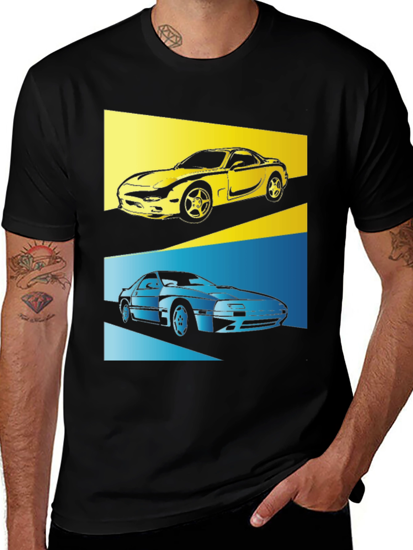 Retro Car T-Shirt: Yellow & Blue Sports Car Graphic Tee