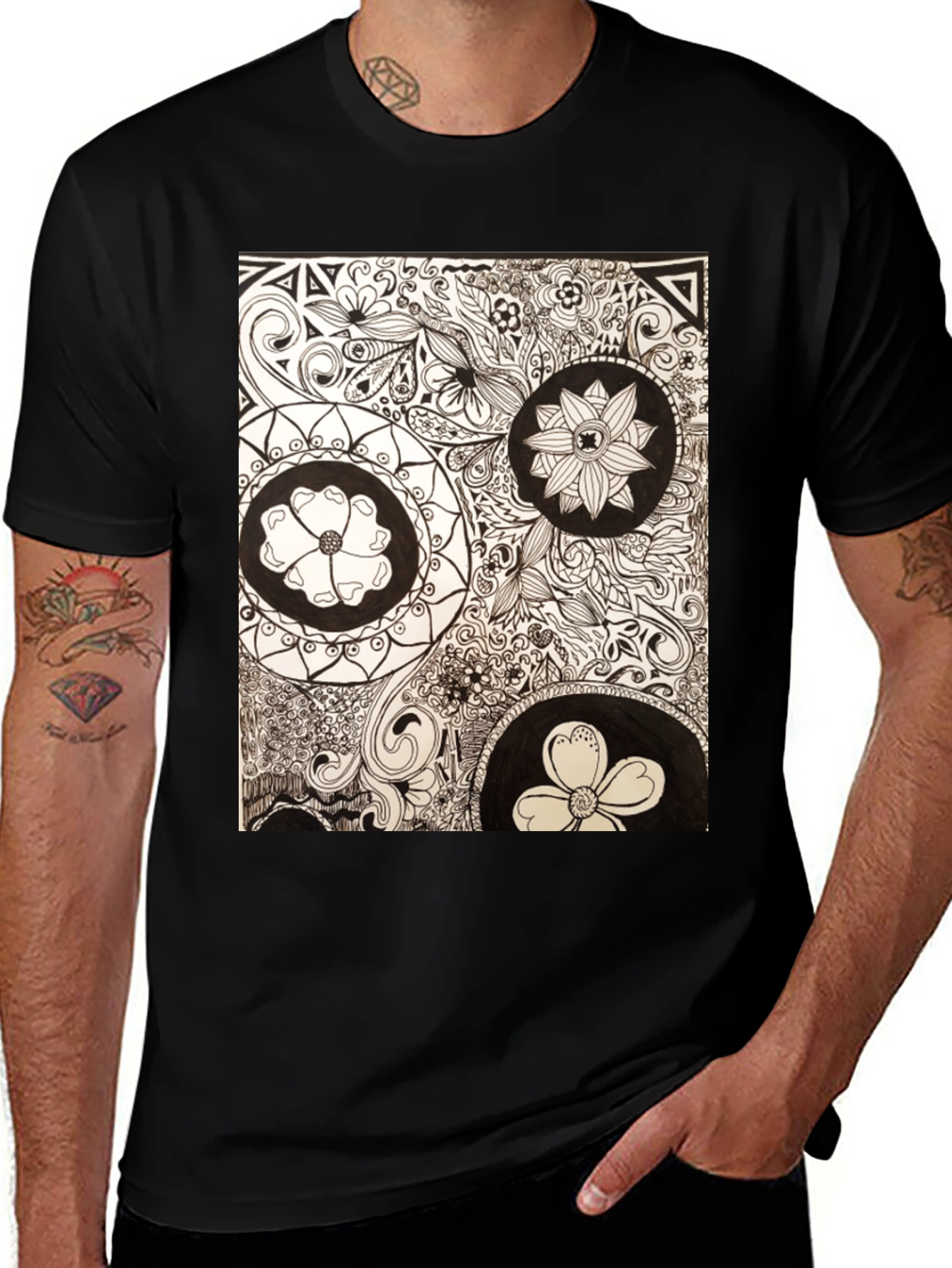 Variant 27 of Artistic Floral Doodle Print Black T-Shirt