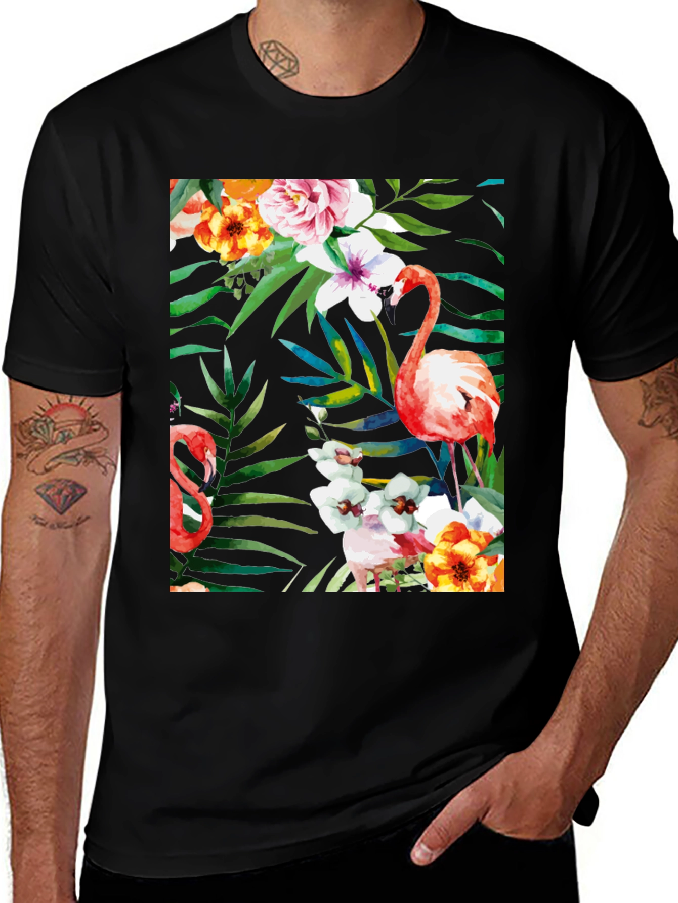 Variant 3 of Tropical Flamingo Print Black T-Shirt
