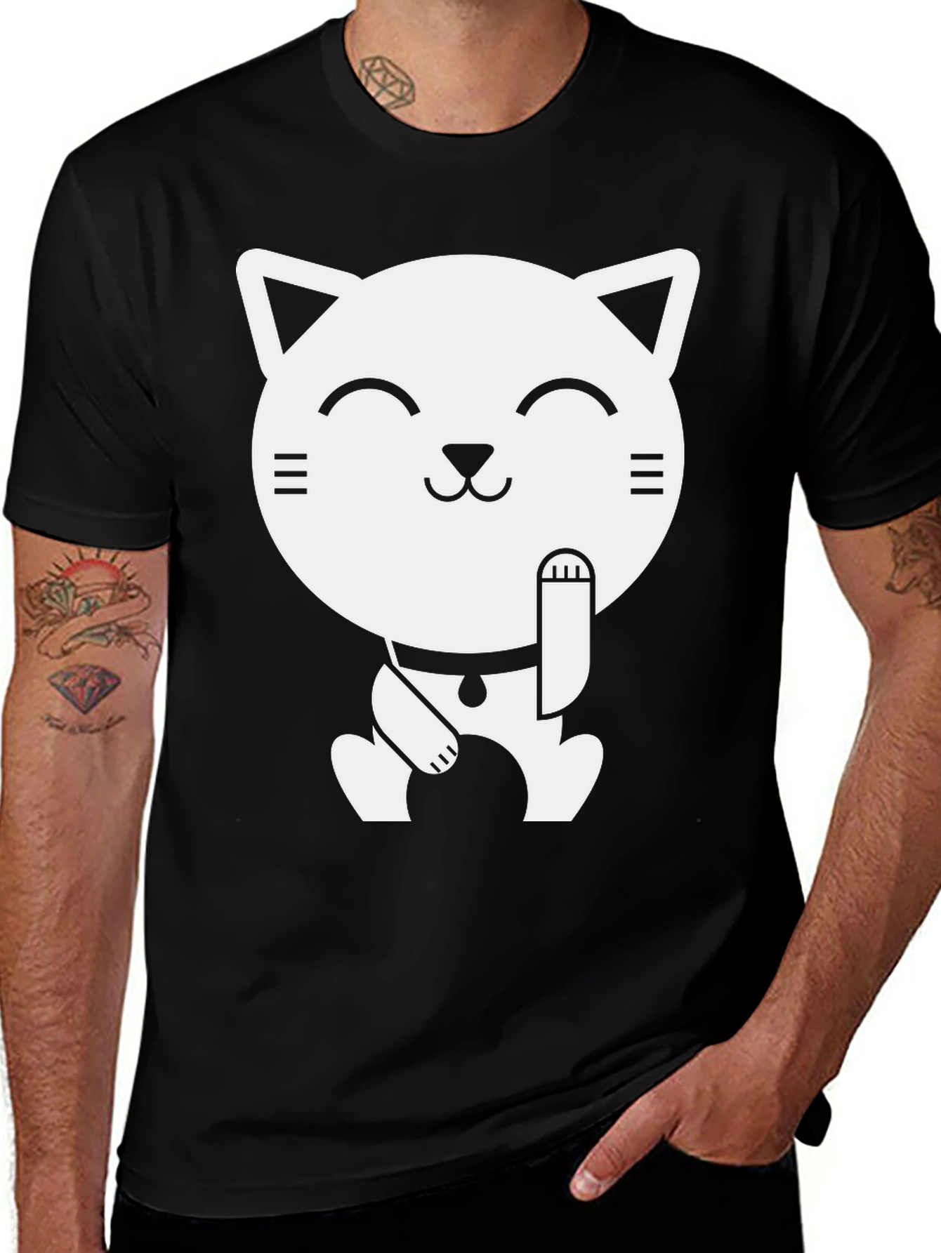 Variant 19 of Lucky Cat Graphic Tee - Black Cotton T-Shirt
