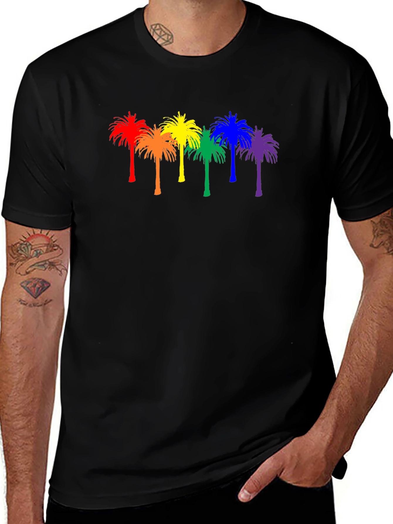 Variant 7 of Rainbow Palm Tree Graphic Tee - Black