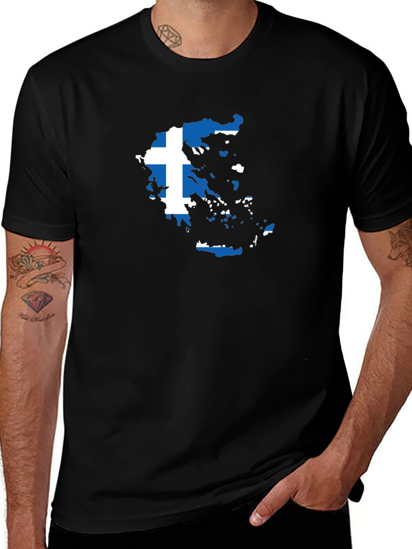 Greece Flag Map Graphic T-Shirt - Black Cotton