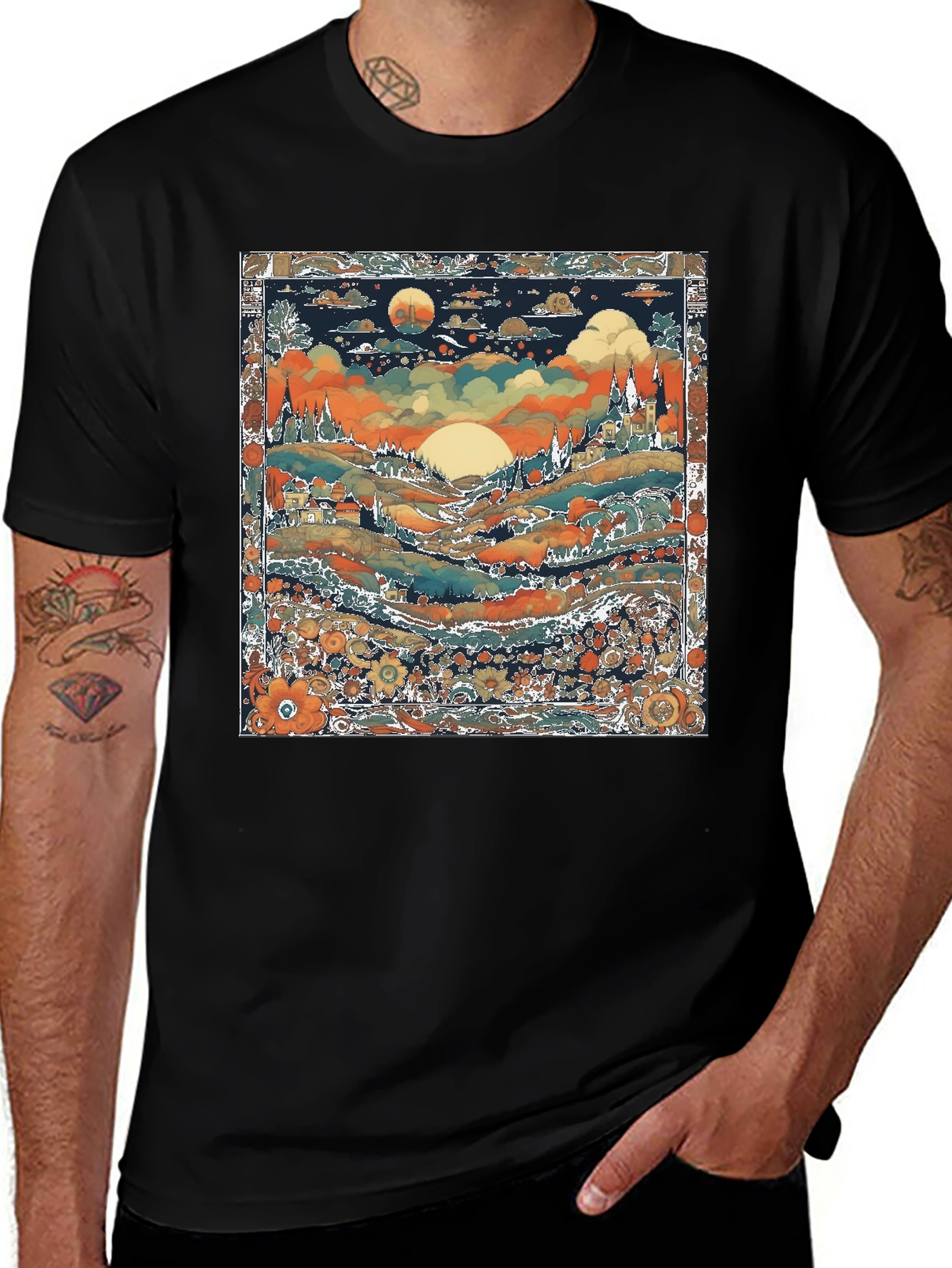 Variant 7 of Whimsical Landscape Graphic Tee - Black Cotton Blend