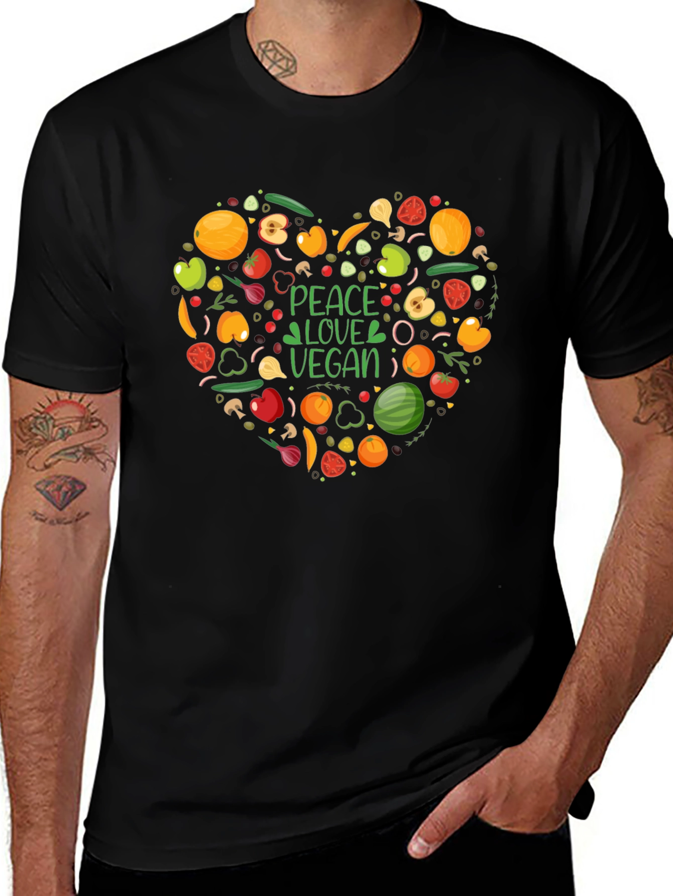Peace Love Vegan T-Shirt - Heart Veggie Design