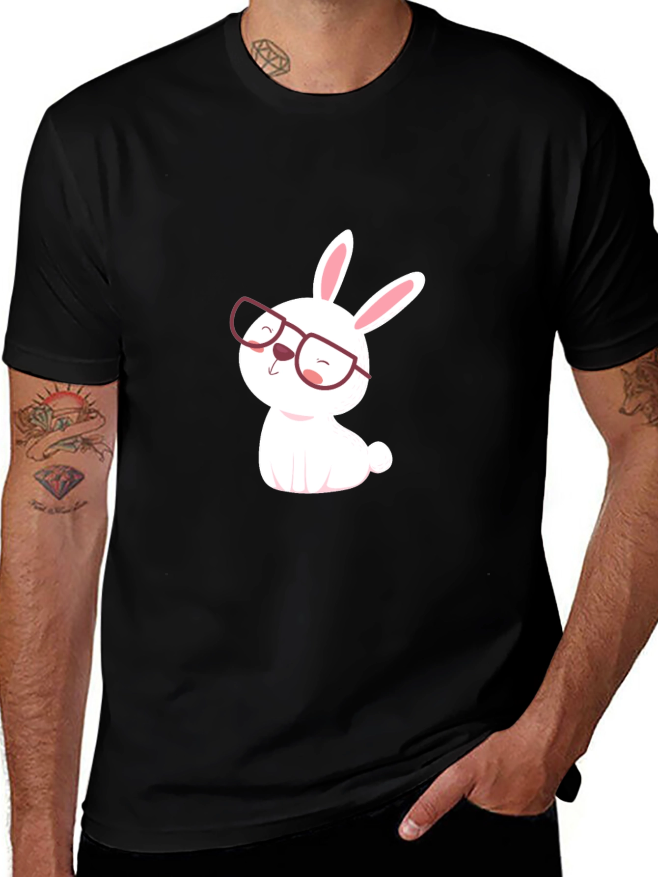 Cute Cartoon Bunny in Glasses Black T-Shirt
