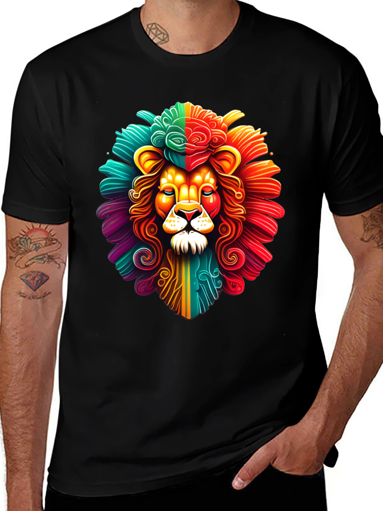 Variant 20 of Rainbow Lion Graphic Tee - Black Cotton T-Shirt