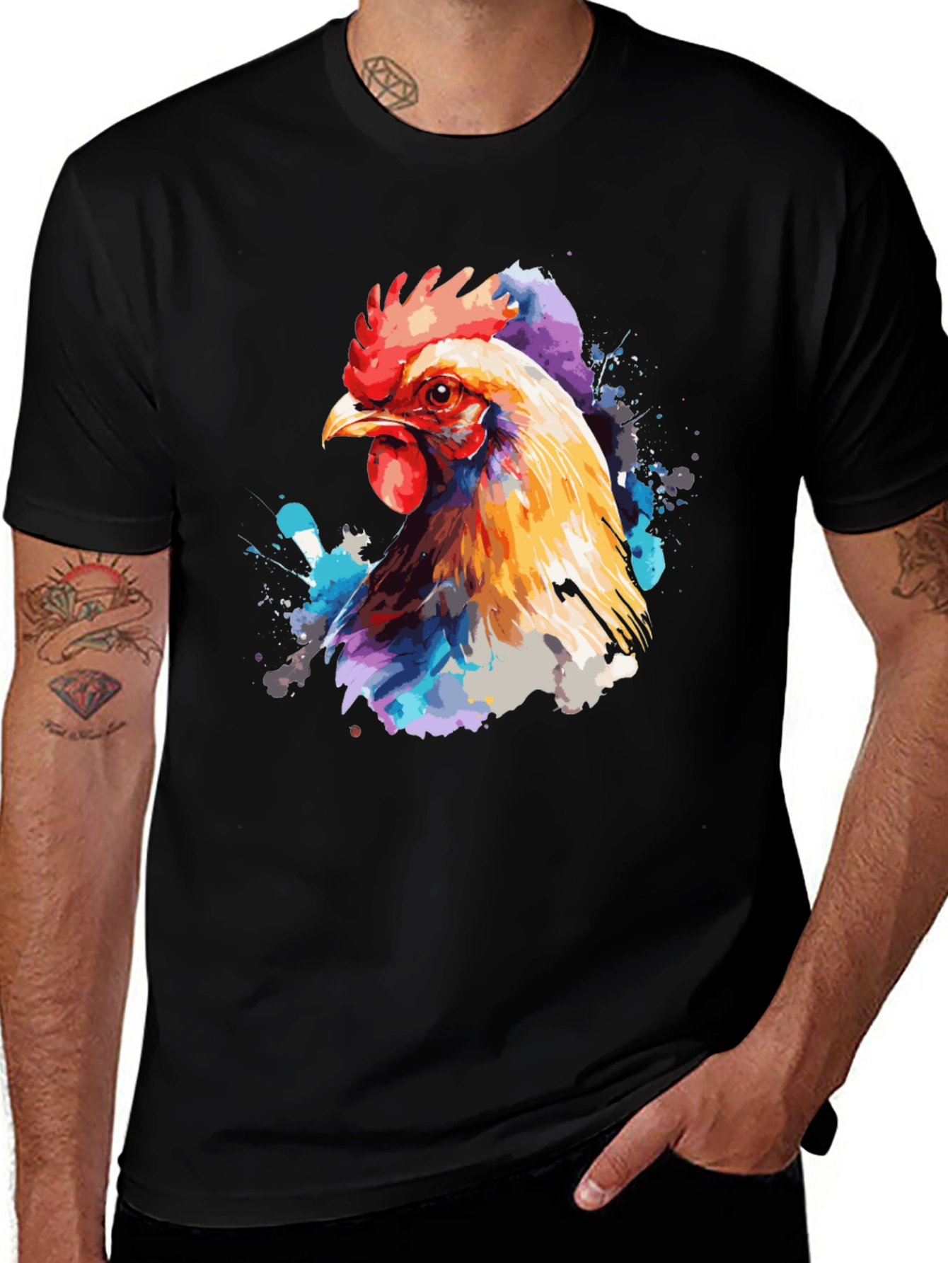 Variant 5 of Watercolor Chicken Graphic Print Black T-Shirt