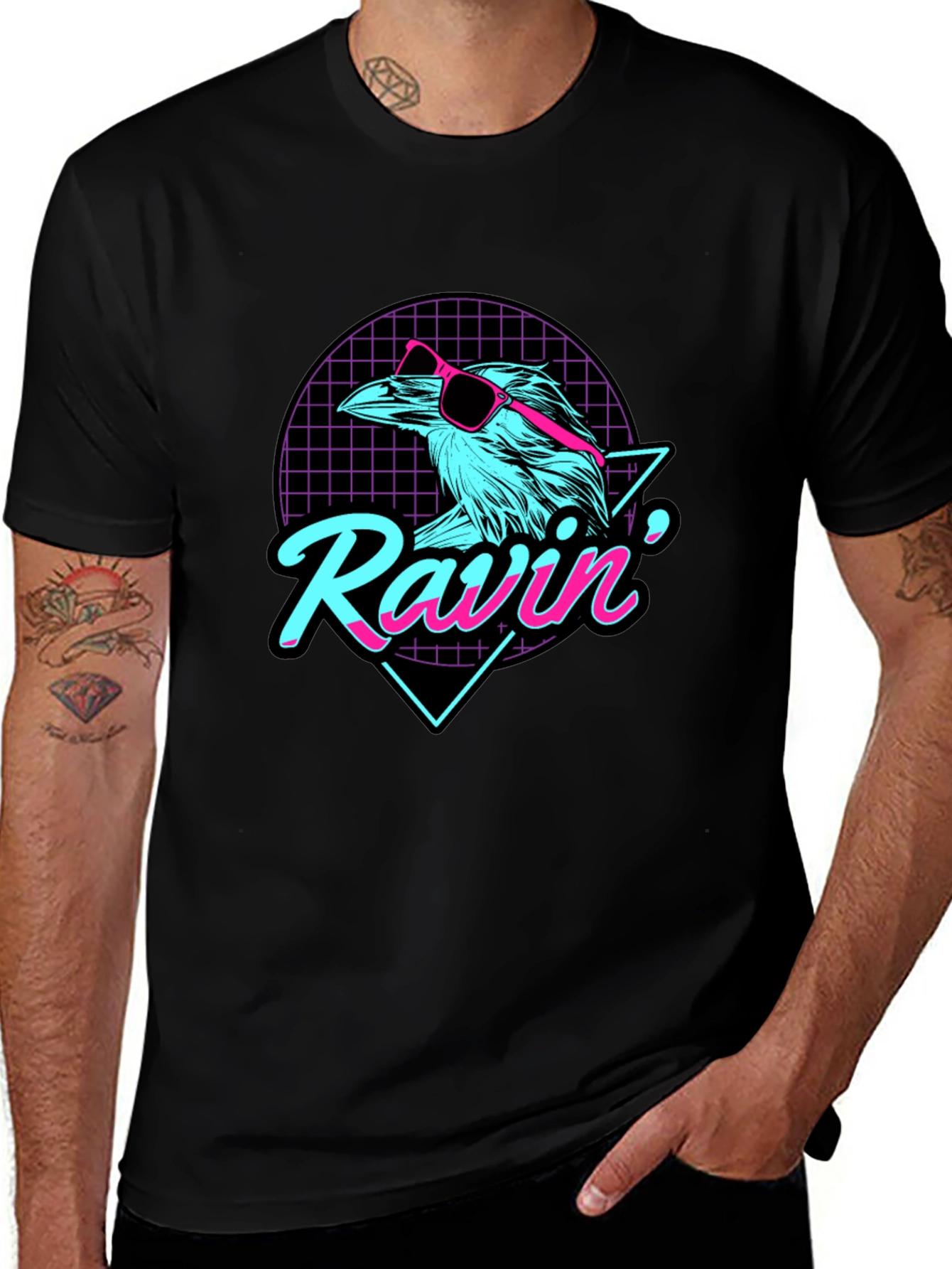 Variant 23 of Retro "Ravin'" Raven Graphic Tee - Men's Black T-Shirt