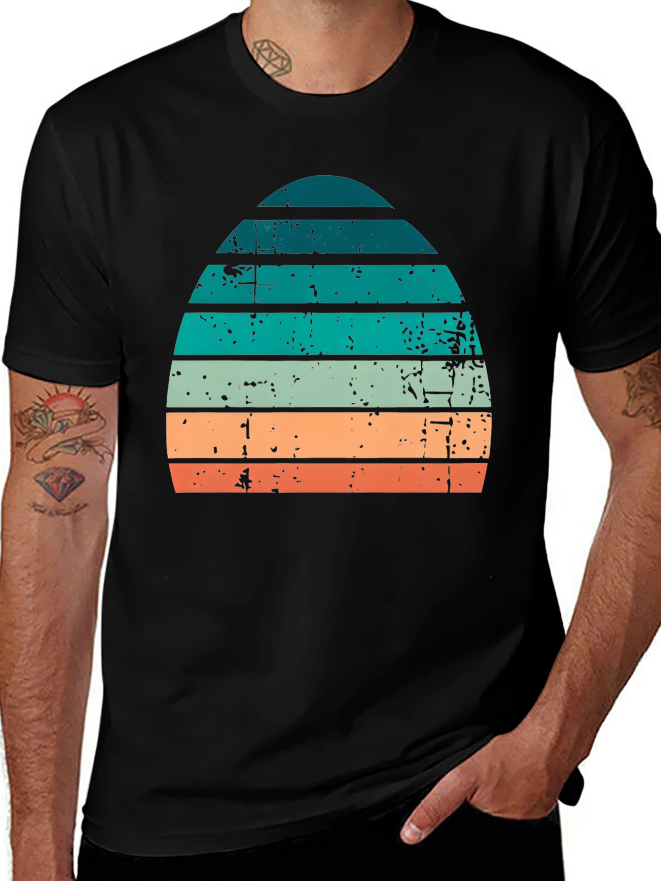 Retro Striped Sunset Graphic Tee - Vintage Style Comfort