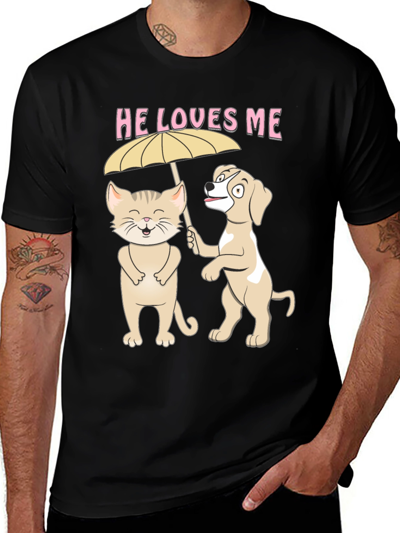 Variant 29 of He Loves Me Graphic Tee: Cat and Dog Umbrella