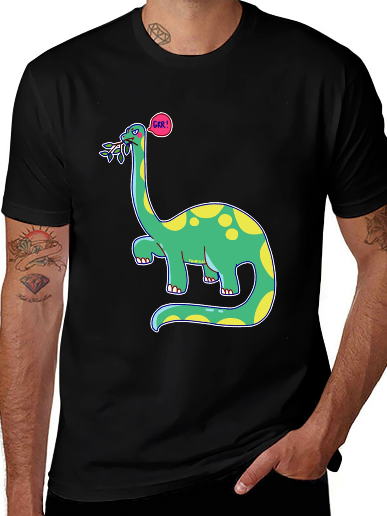 Variant 10 of Dino GRR! Black T-Shirt - Cartoon Brontosaurus Tee