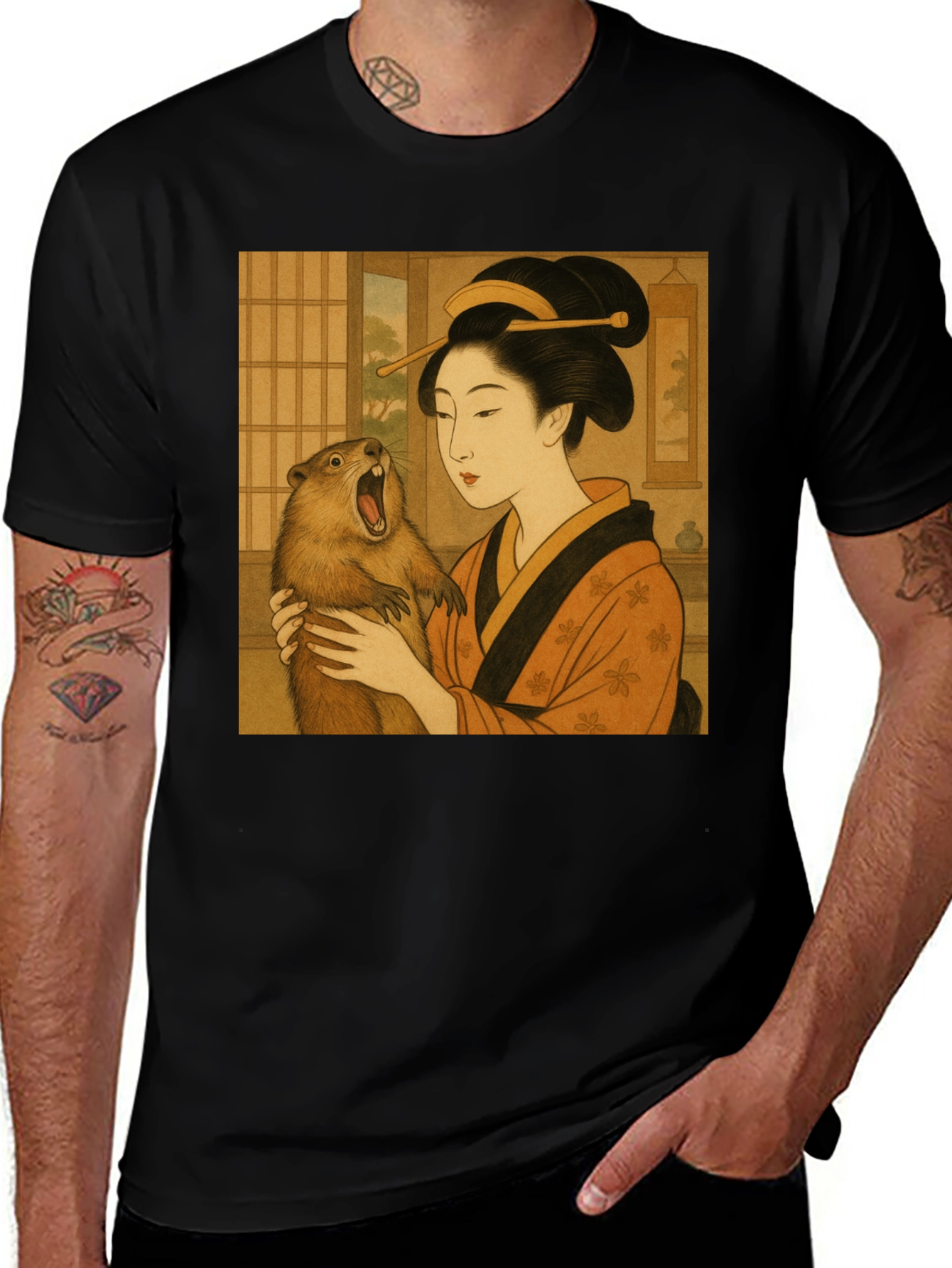 Variant 3 of Geisha & Beaver Graphic Tee - Unique Art T-Shirt
