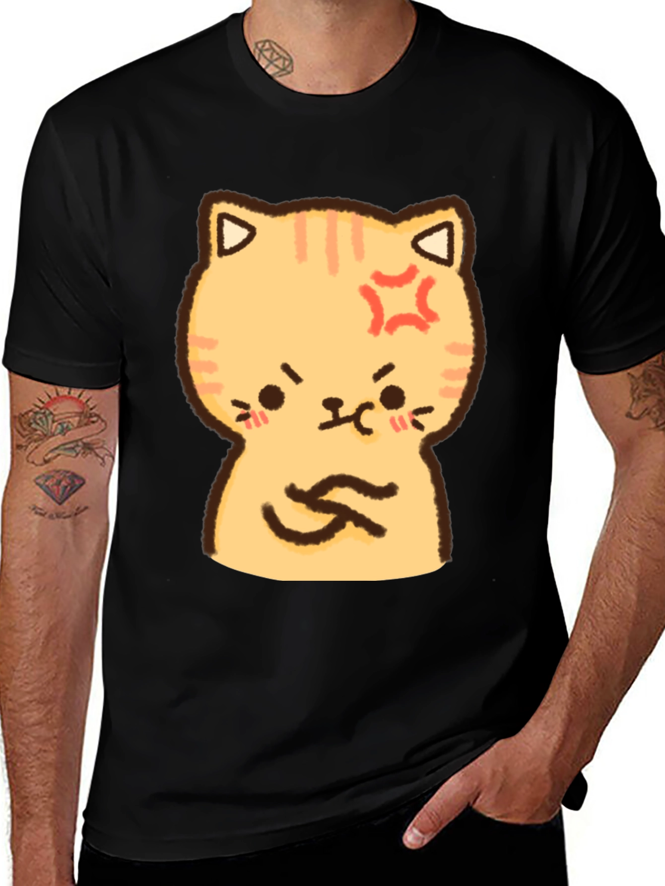 Variant 13 of Angry Cat Cartoon Print T-Shirt - Black
