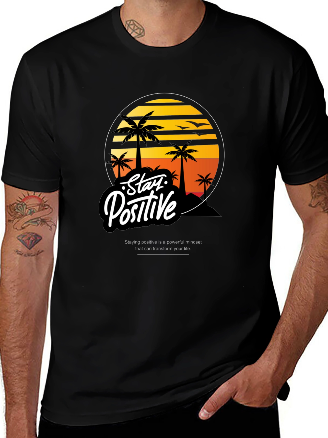 Variant 11 of Stay Positive Graphic Tee - Retro Sunset Palm Design