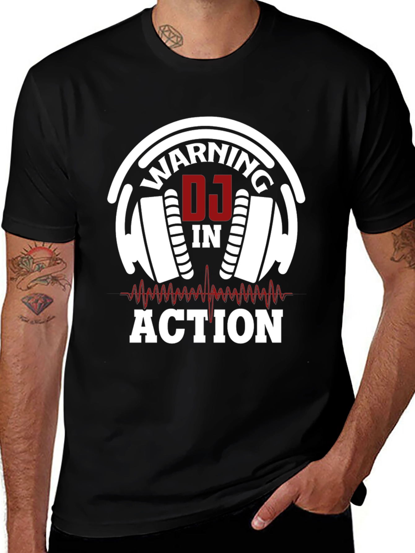 Variant 22 of Warning DJ in Action Black T-Shirt