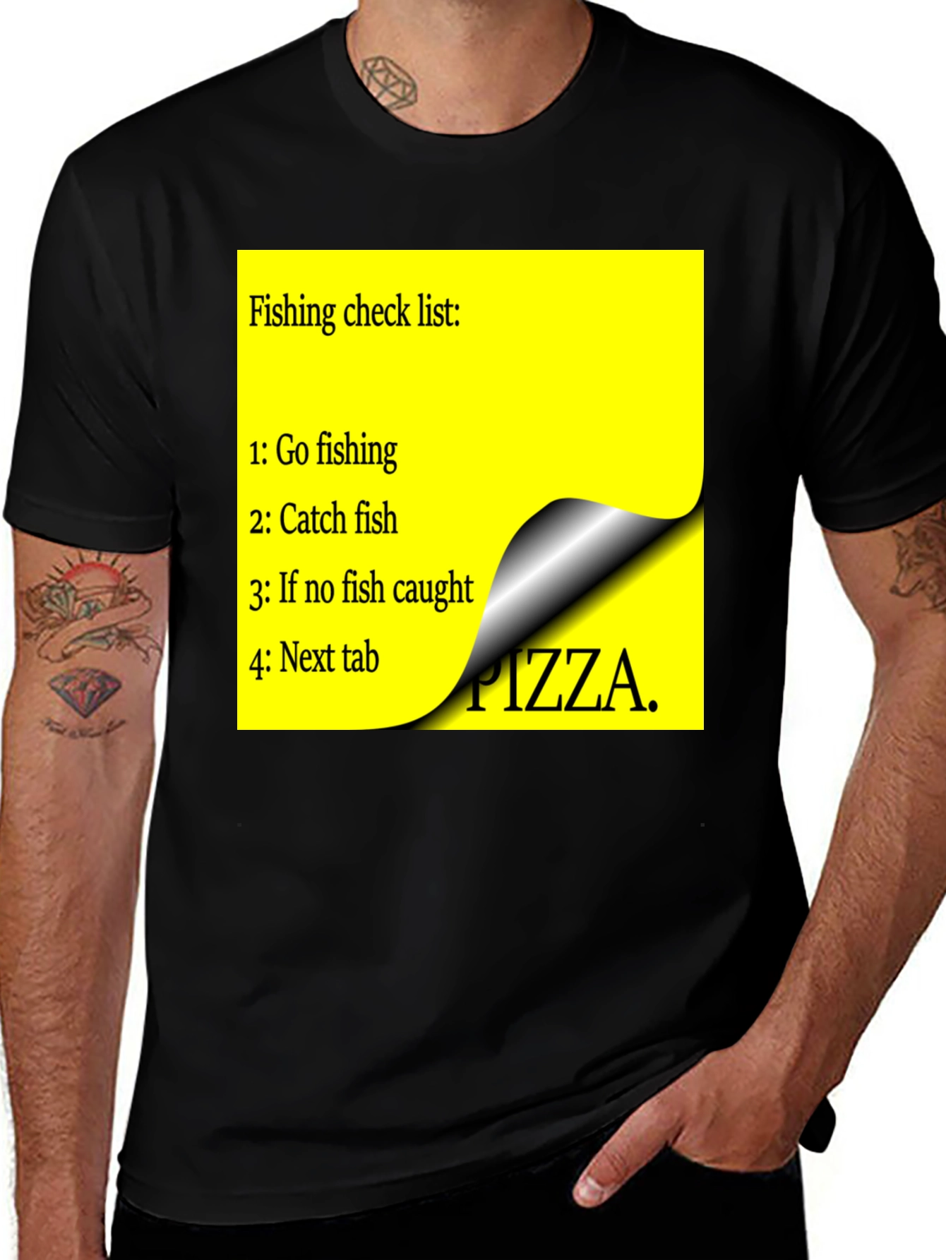 Black Fishing Check List T-Shirt - Funny Pizza Option main image