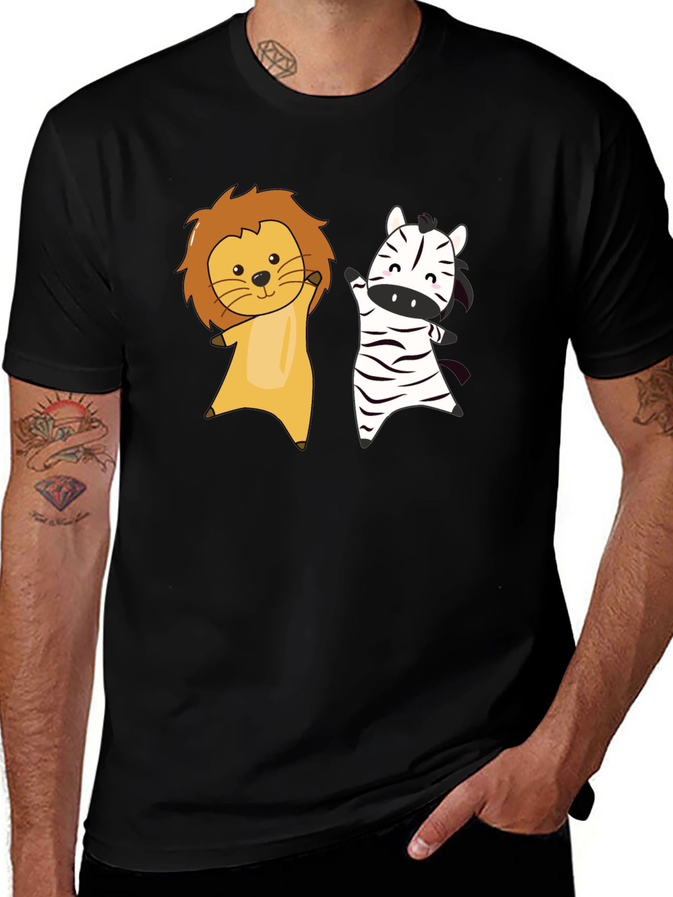 Variant 2 of Lion & Zebra Cartoon Black T-Shirt