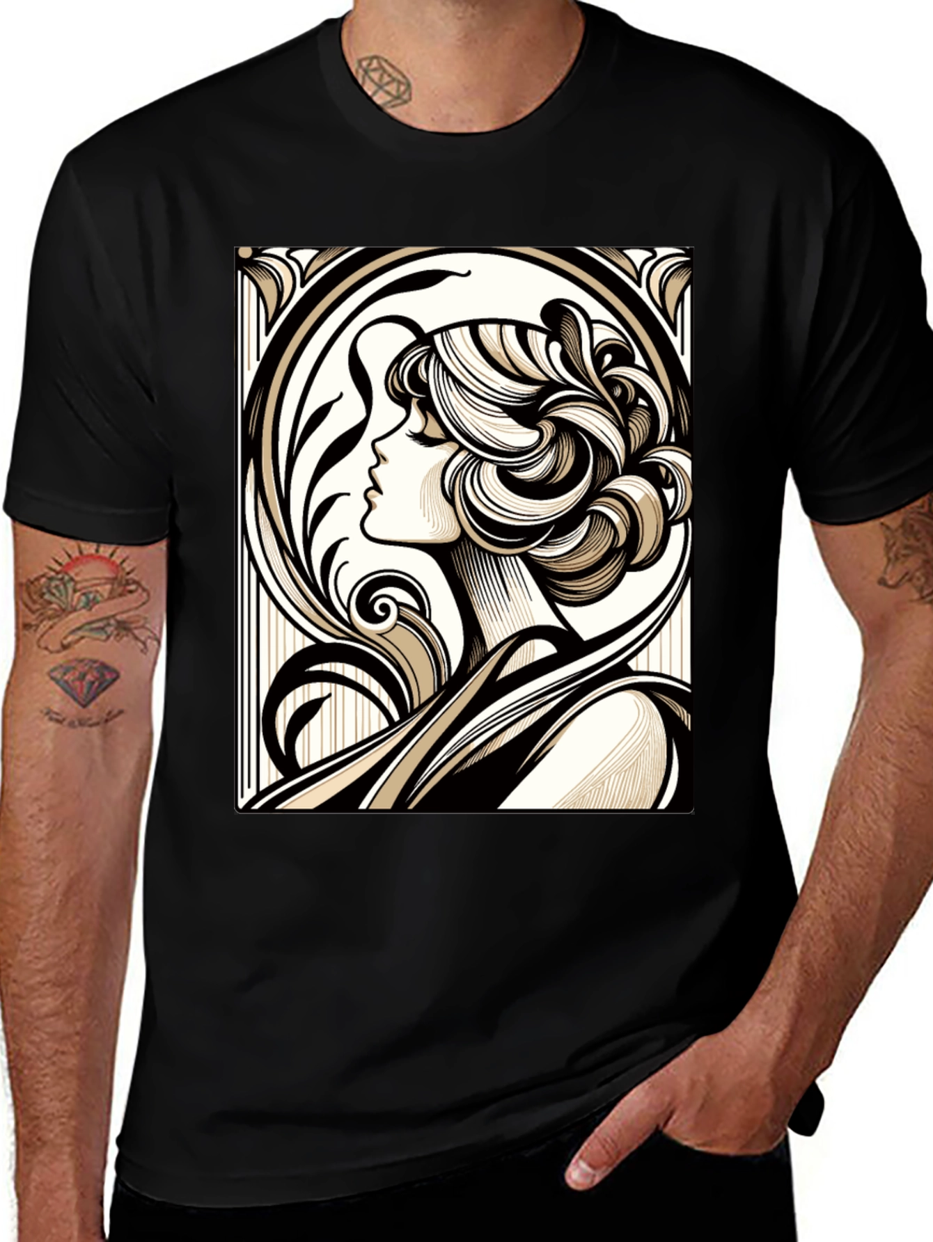 Art Nouveau Woman Graphic Black T-Shirt