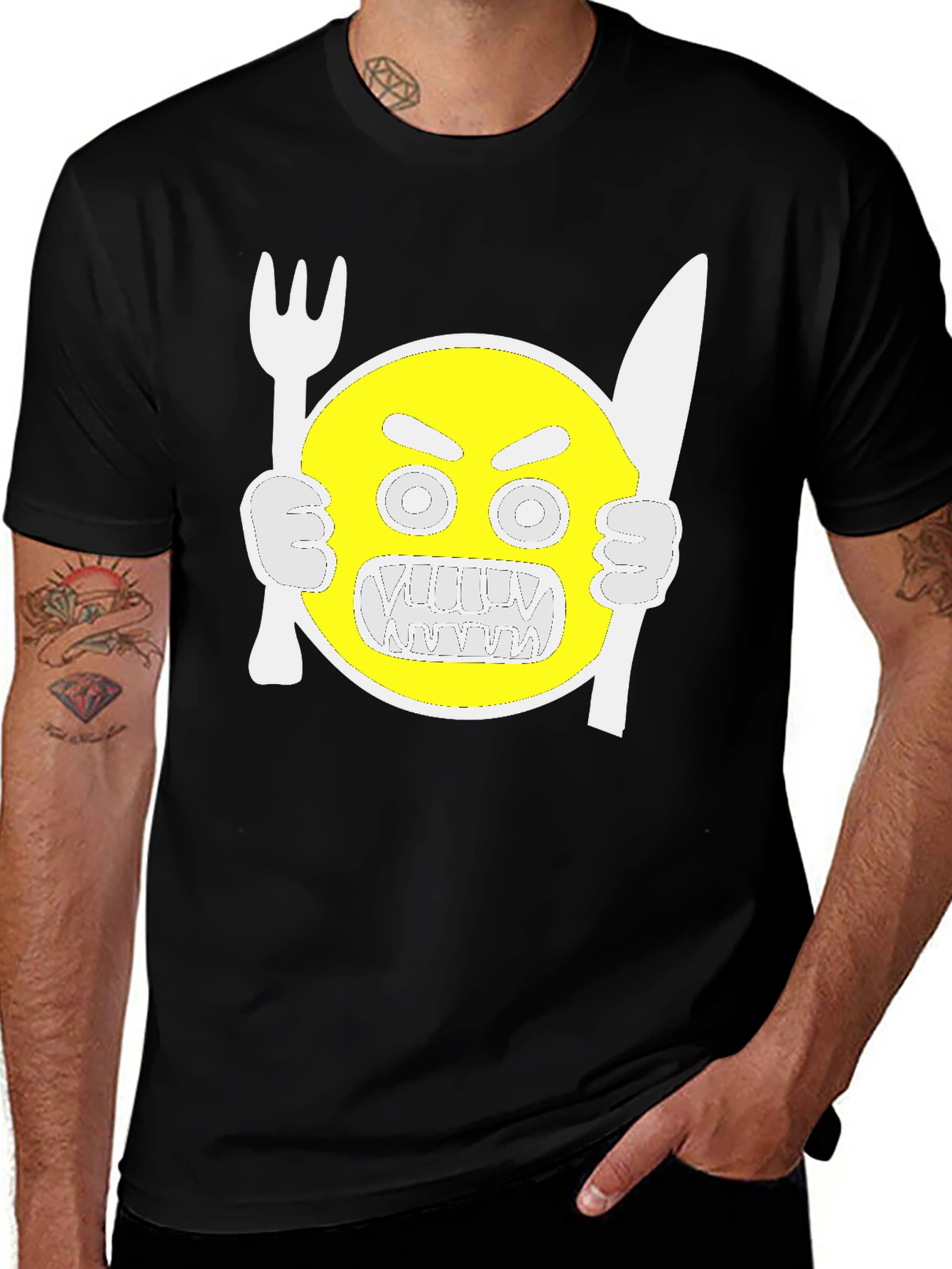 Angry Emoji with Cutlery Black T-Shirt