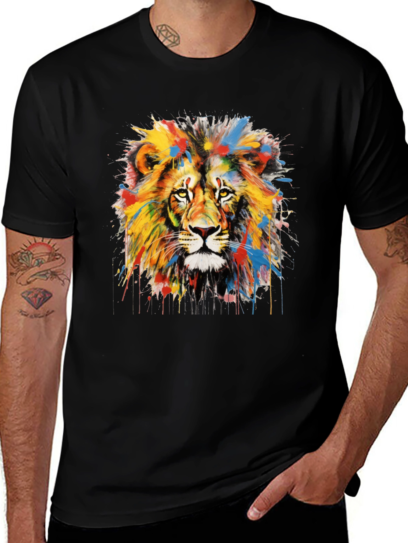 Variant 20 of Colorful Lion Graphic Tee - Men's Black T-Shirt