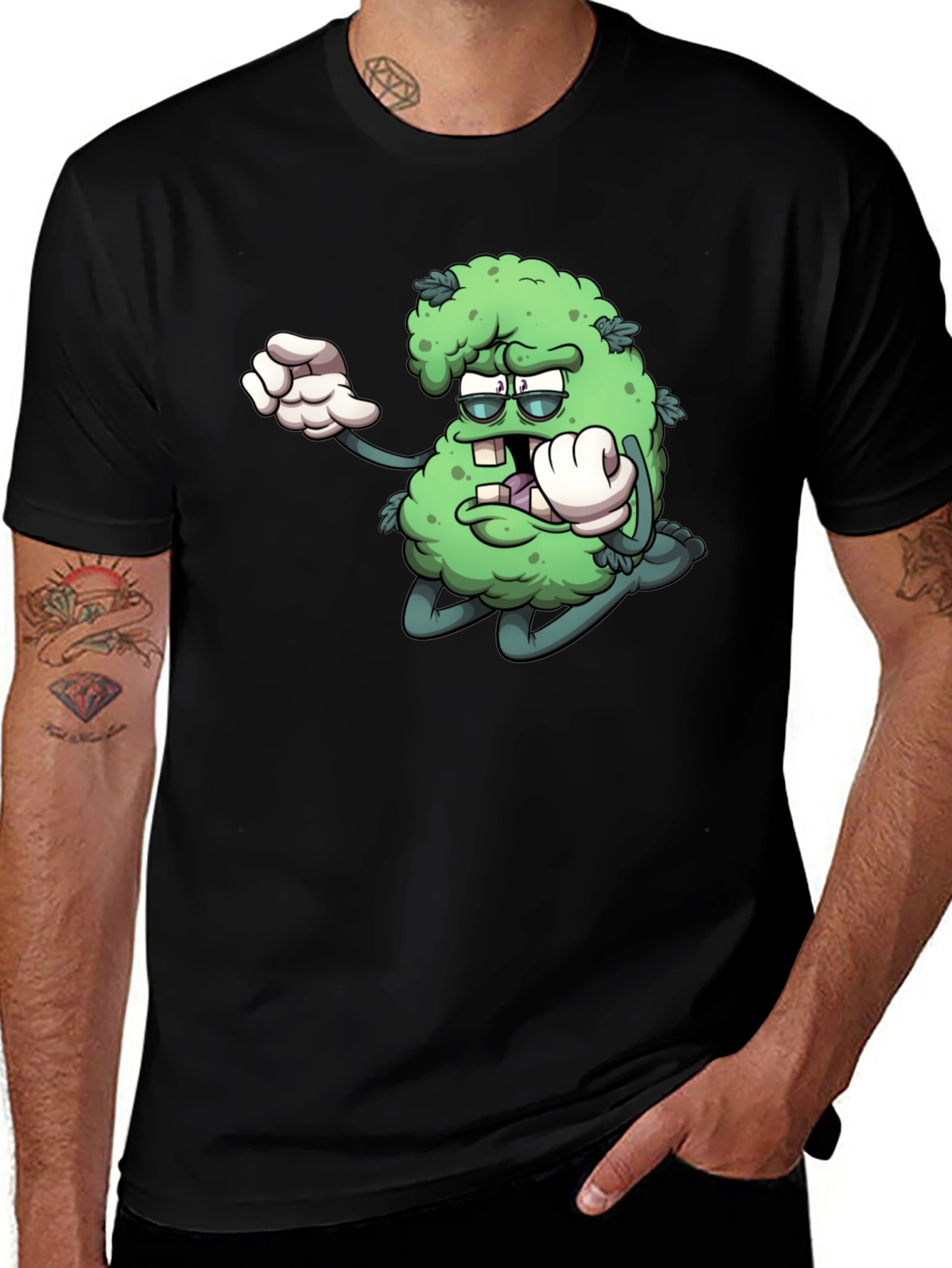 Variant 2 of Cartoon Marijuana Graphic Black T-Shirt