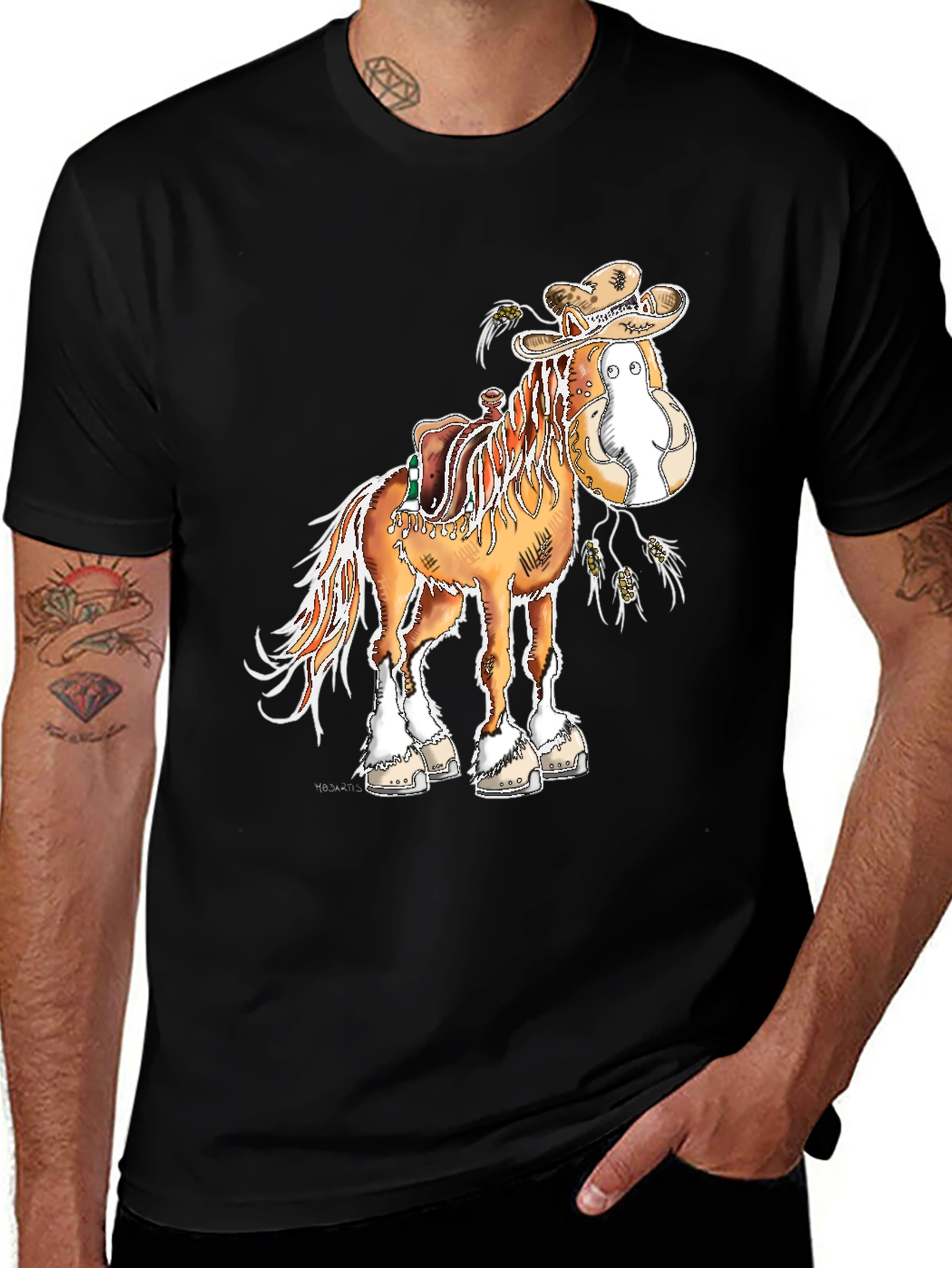 Cartoon Cowboy Horse Graphic Tee - Black Cotton T-Shirt