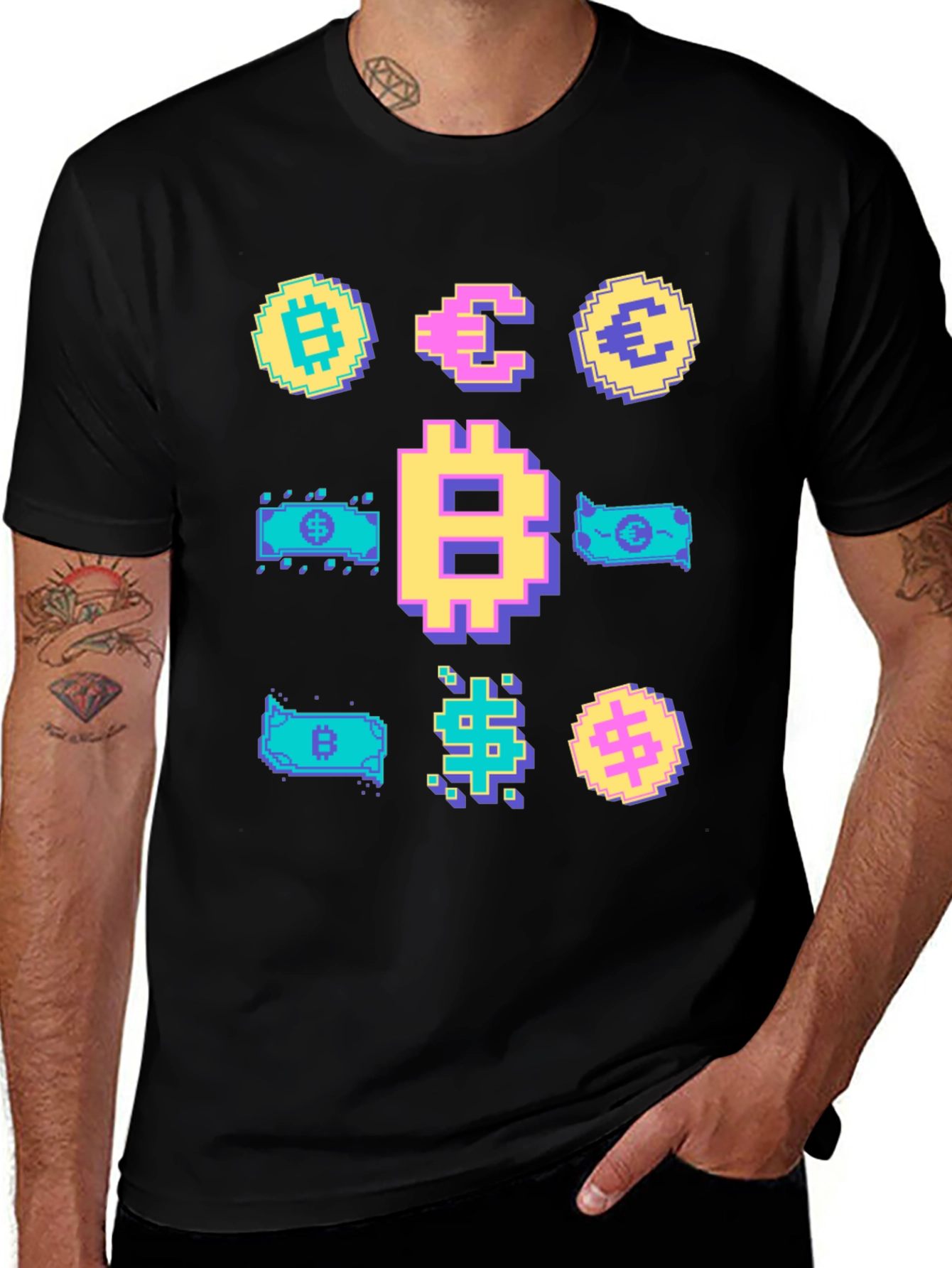 Variant 23 of Crypto Pixel Art T-Shirt: Bitcoin, Euro, Dollar