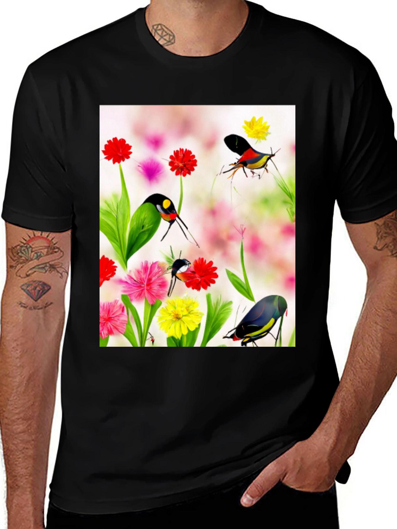 Variant 27 of Floral Bird Print Black T-Shirt