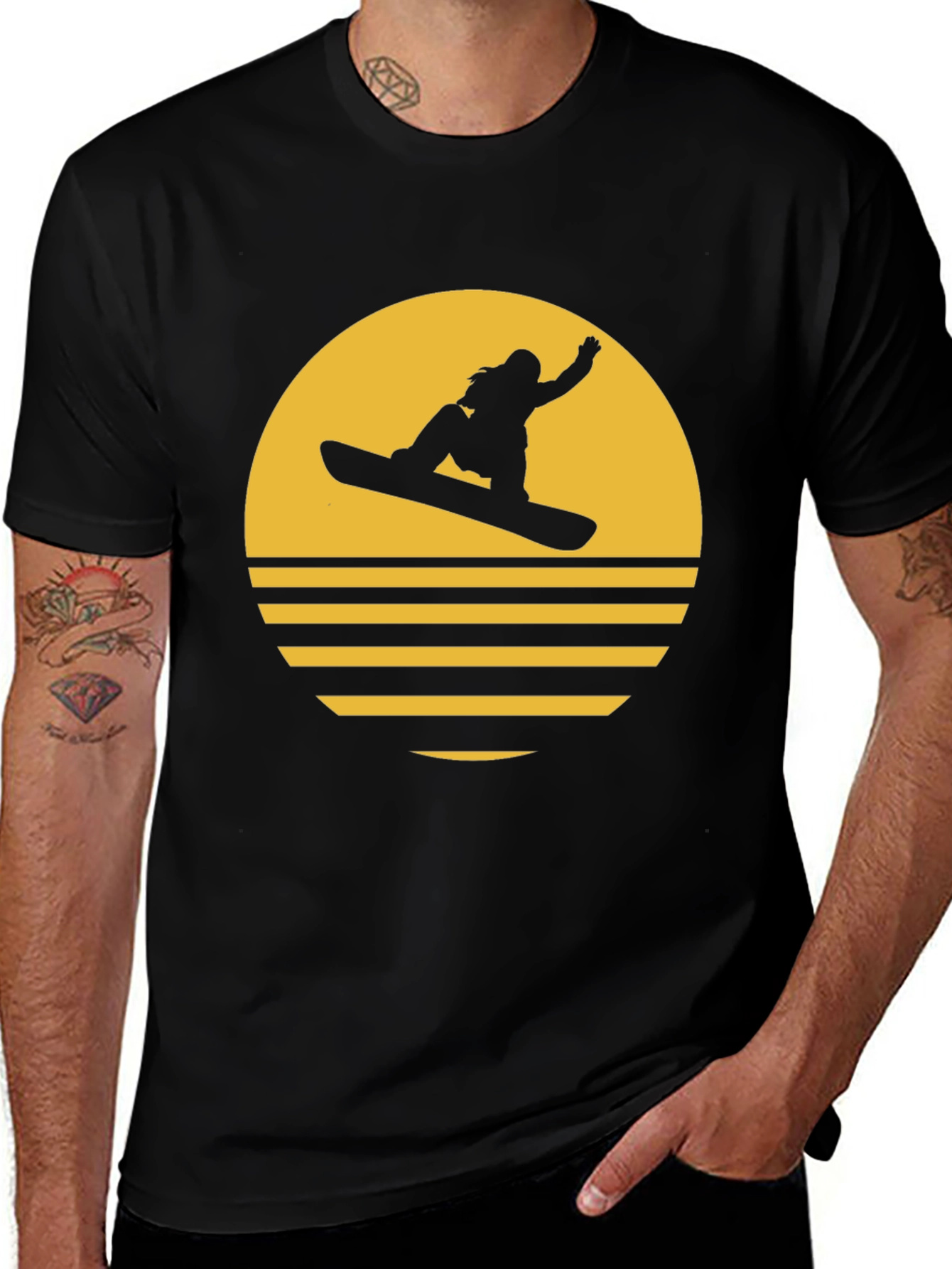 Variant 30 of Snowboard Sunset Graphic Tee - Black Cotton T-Shirt