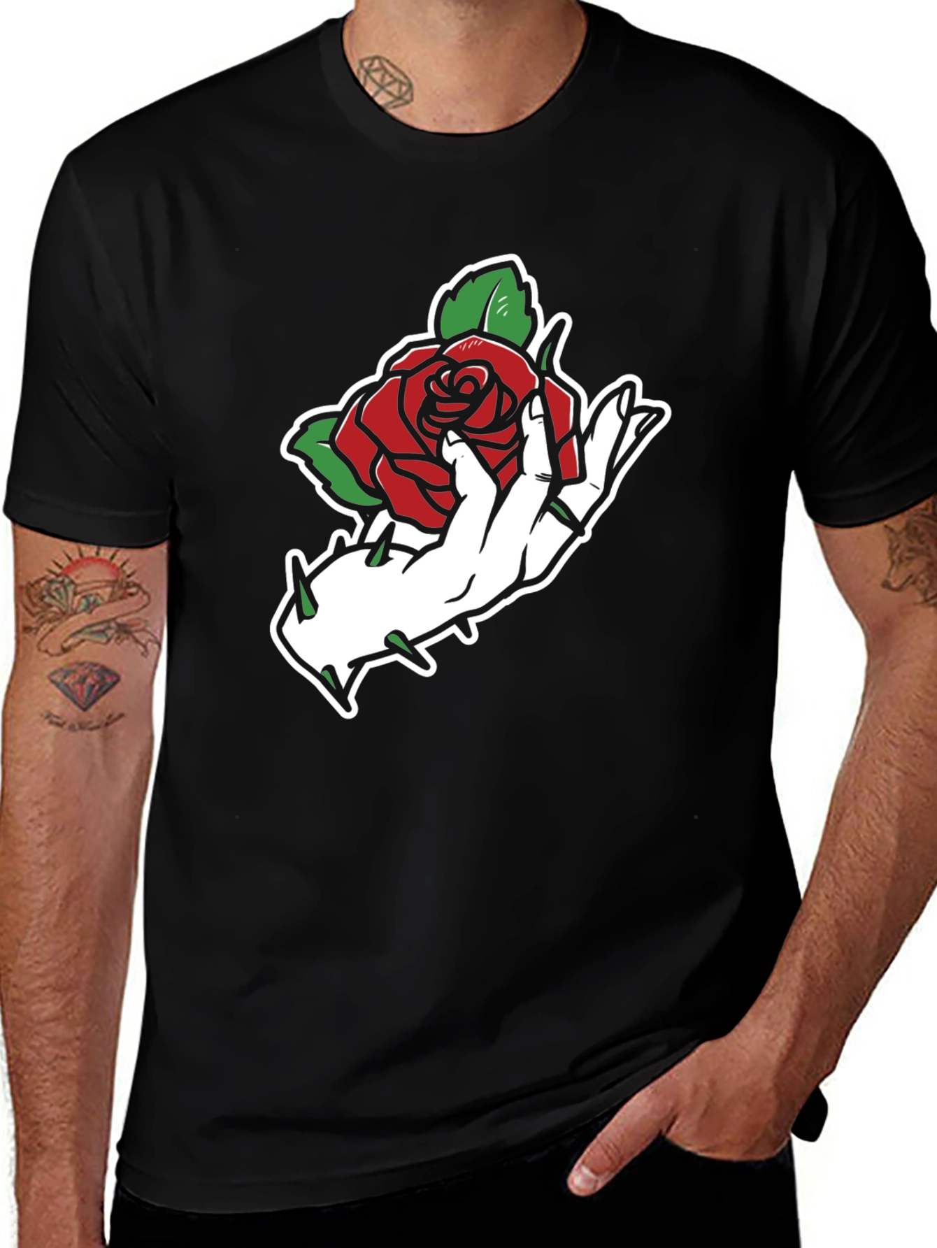 Variant 24 of Rose Hand Graphic T-Shirt - Classic Black Cotton Tee