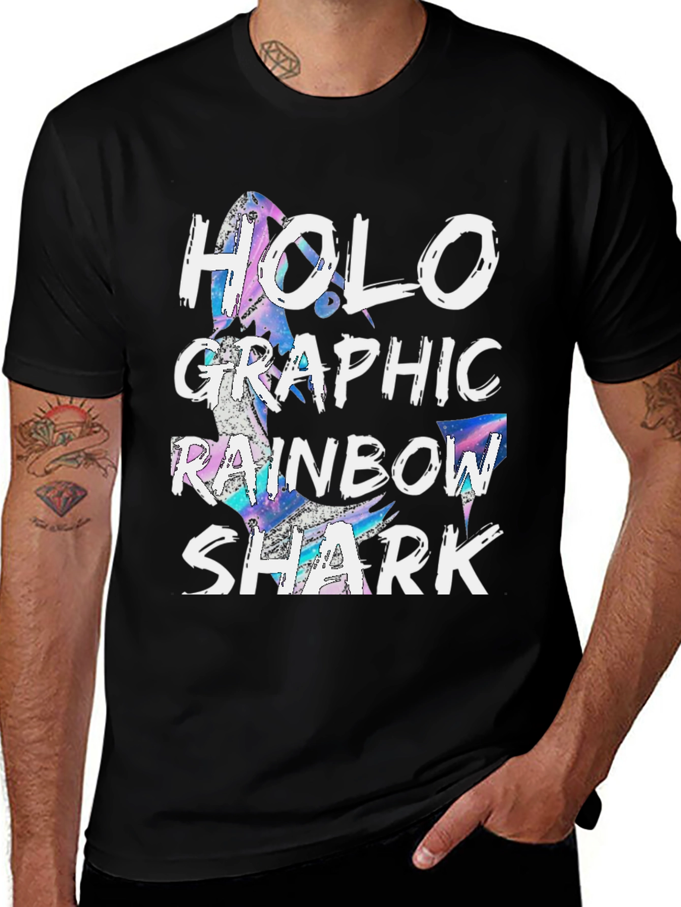 Holographic Rainbow Shark Black T-Shirt