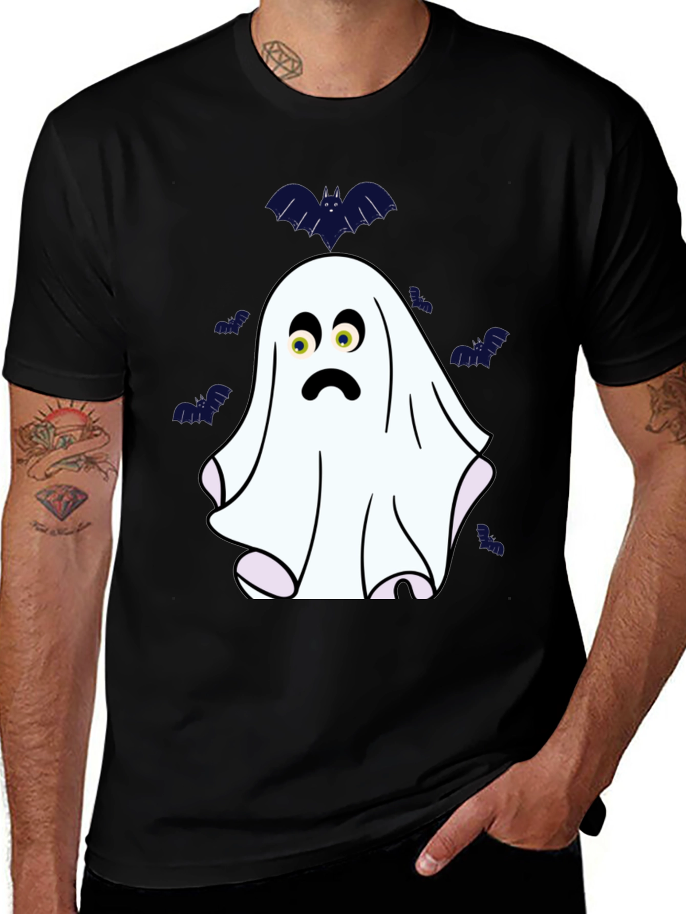 Variant 9 of Spooky Ghost & Bats Graphic T-Shirt - Halloween Fun