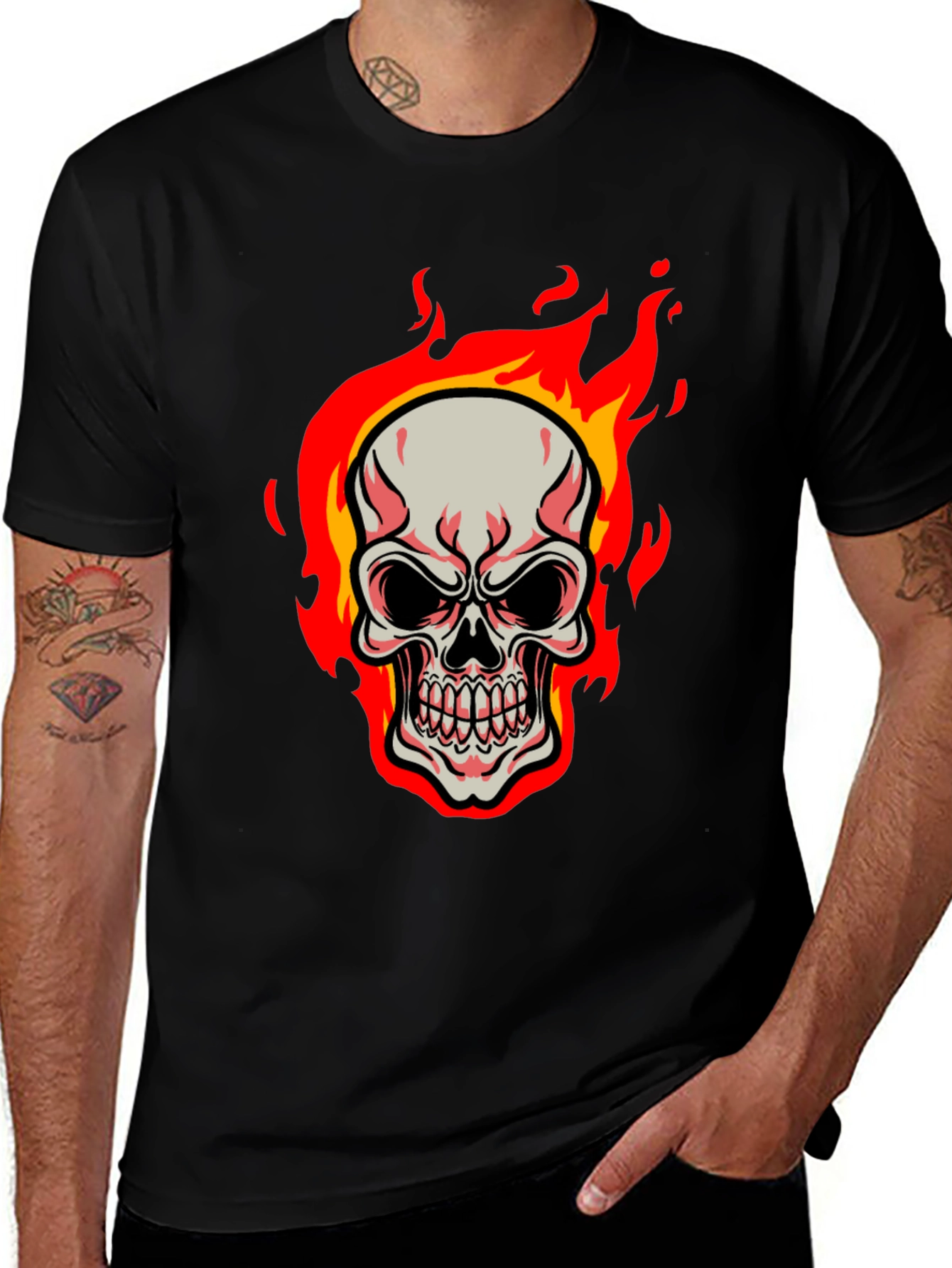 Skull Fire Graphic Tee - Black Cotton T-Shirt