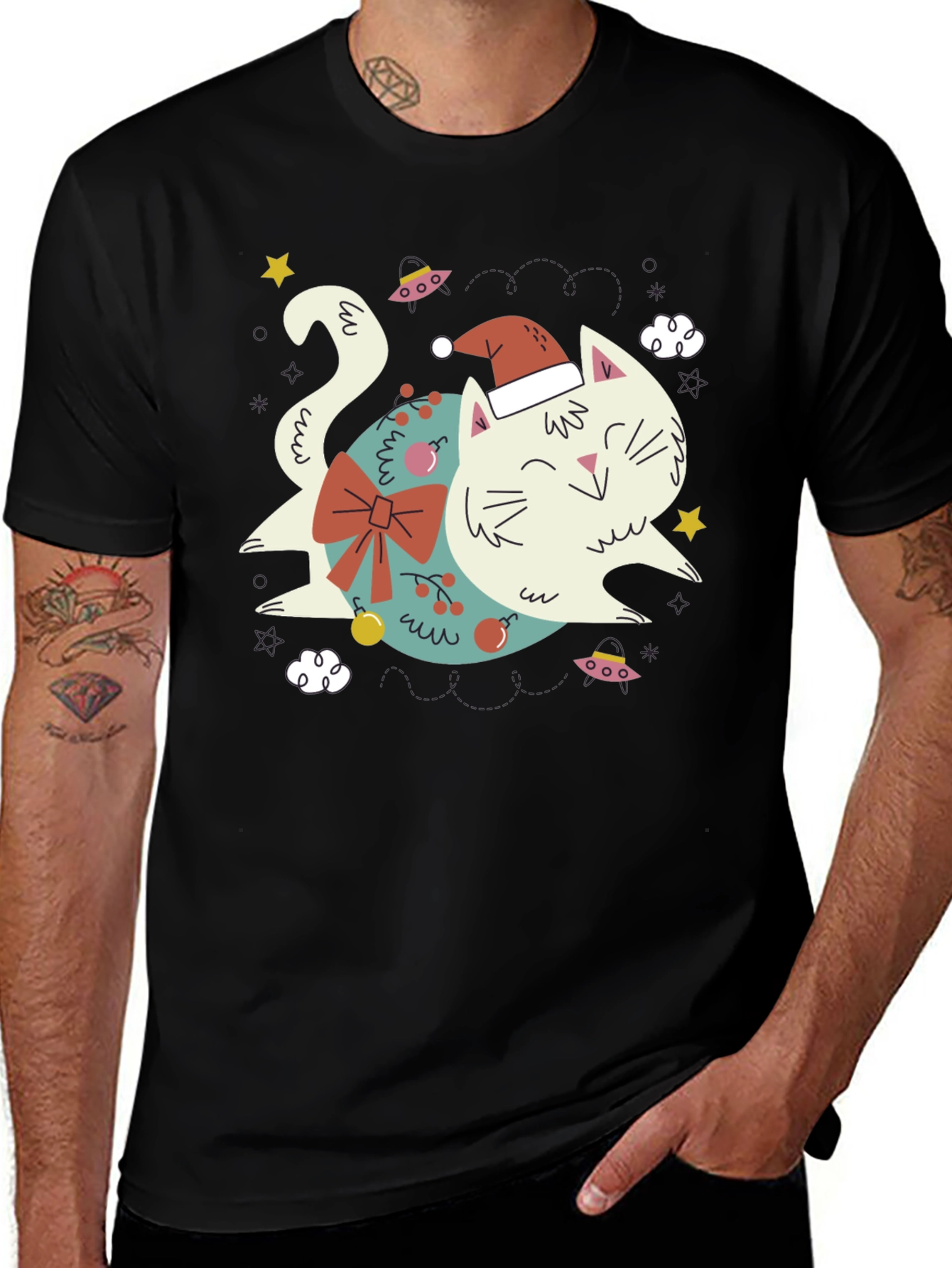 Variant 3 of Festive Cat T-Shirt - Holiday Graphic Tee