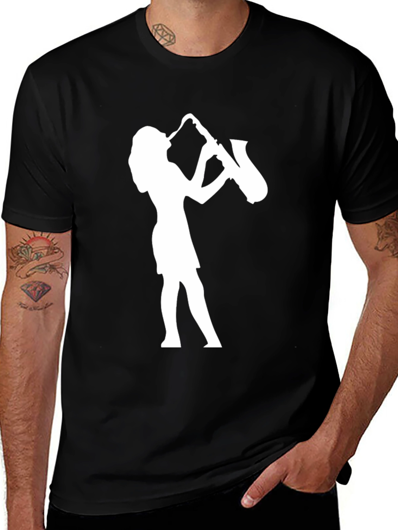 Variant 17 of Saxophone Player Graphic Tee - Black Cotton Casual Shirt