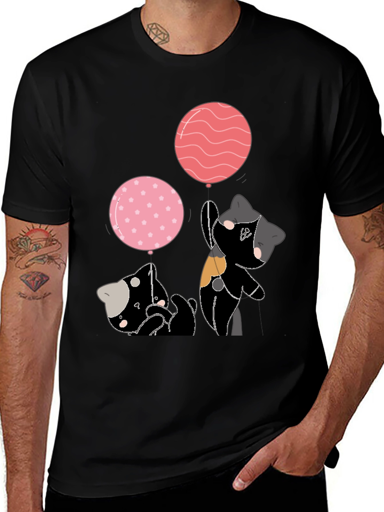 Variant 29 of Cute Cat Balloons Graphic Tee - Black Cotton T-Shirt