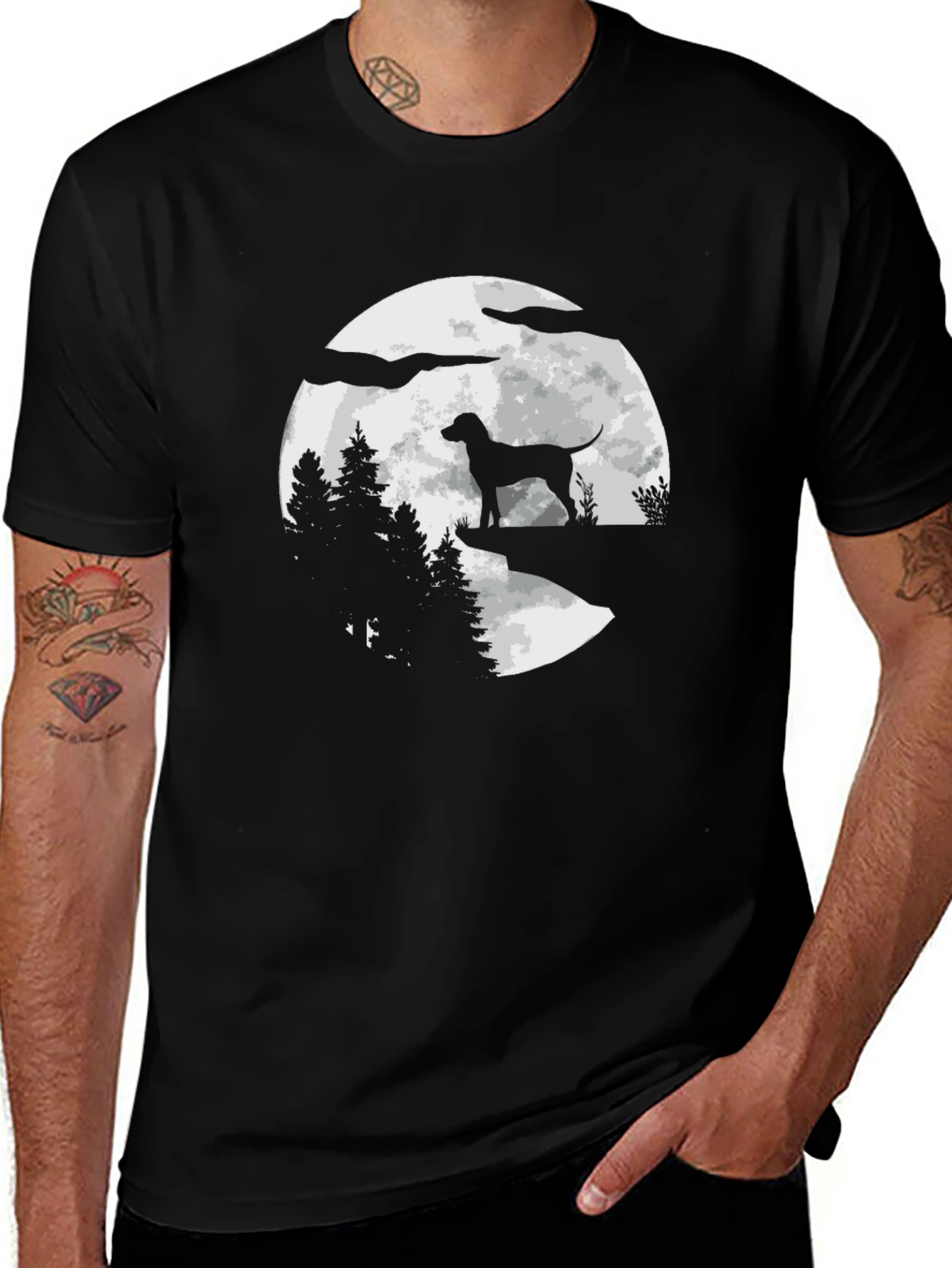Variant 3 of Dog Silhouette Moon Graphic Tee - Black Cotton Blend