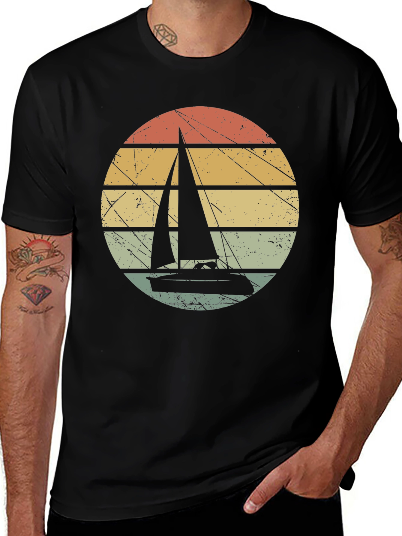 Black Vintage Sunset Sailboat Graphic T-Shirt main image