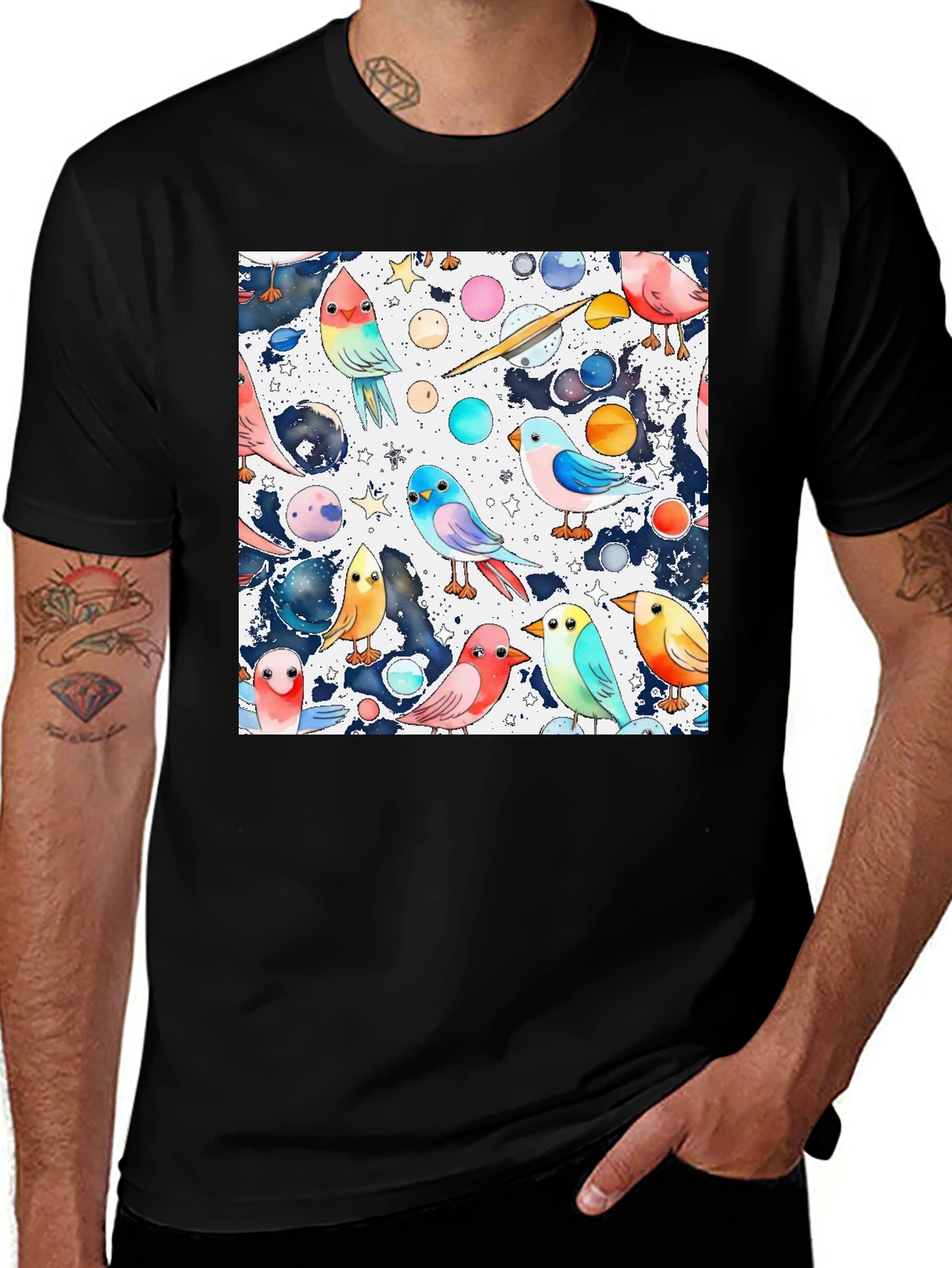 Variant 16 of Colorful Birds & Planets Graphic Tee - Men's Black T-Shirt