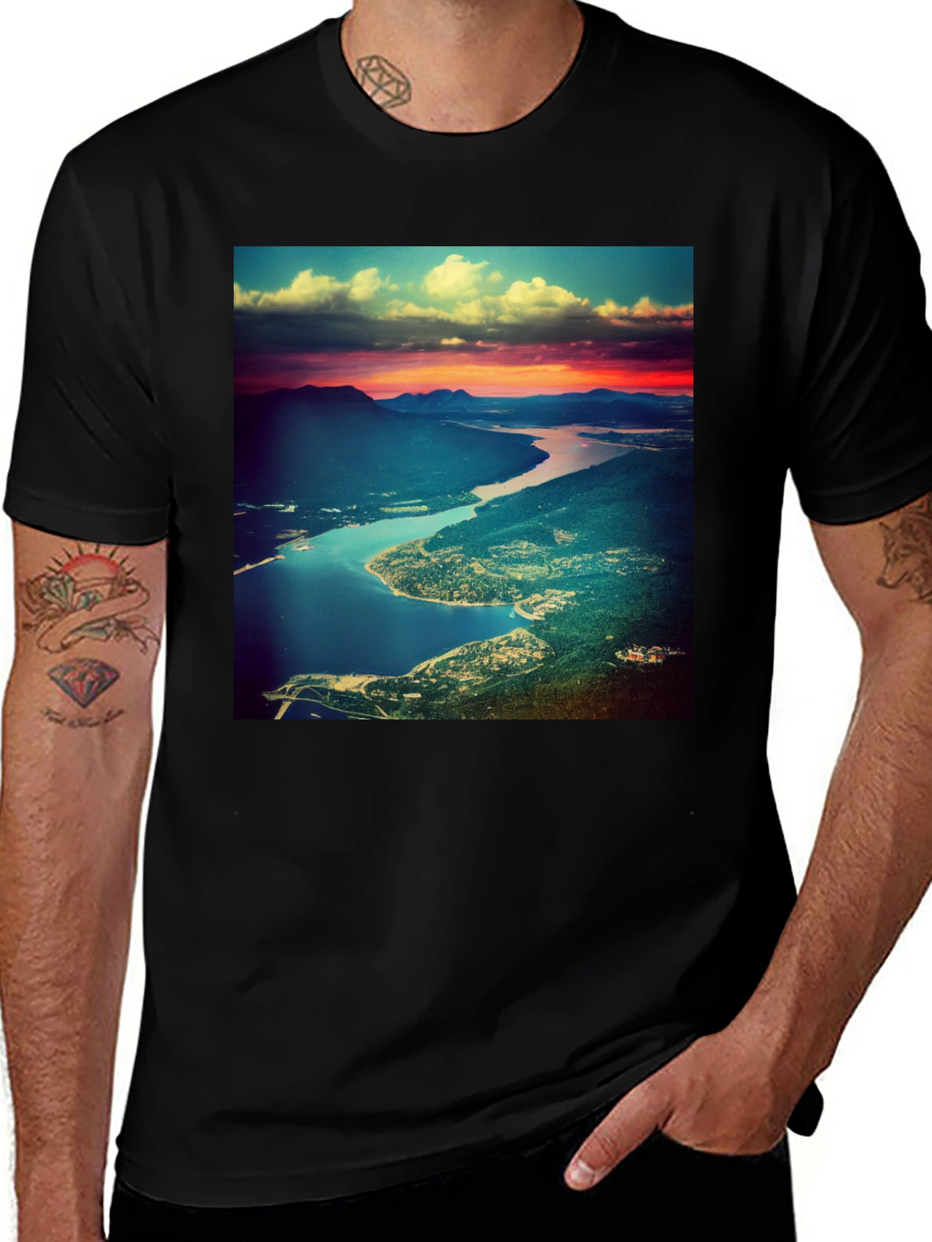Variant 4 of Sunset Landscape Graphic Tee - Stylish Men's Crew Neck T-Shirt