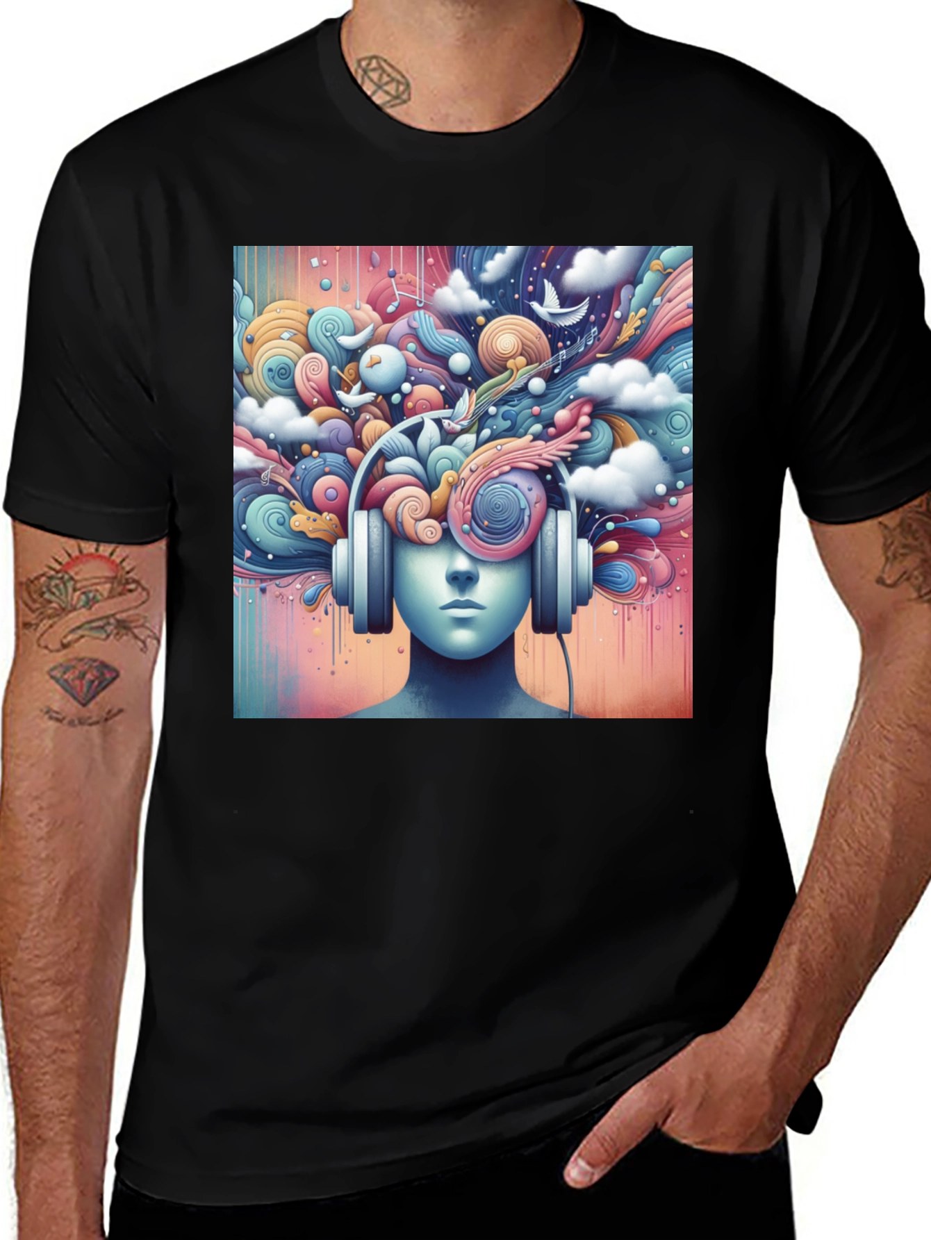 Black Mindful Music Tee - Artistic Headphone Design main image