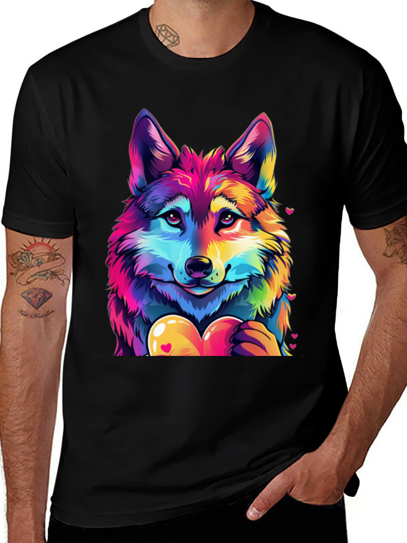 Variant 8 of Rainbow Wolf Heart Graphic T-Shirt - Black