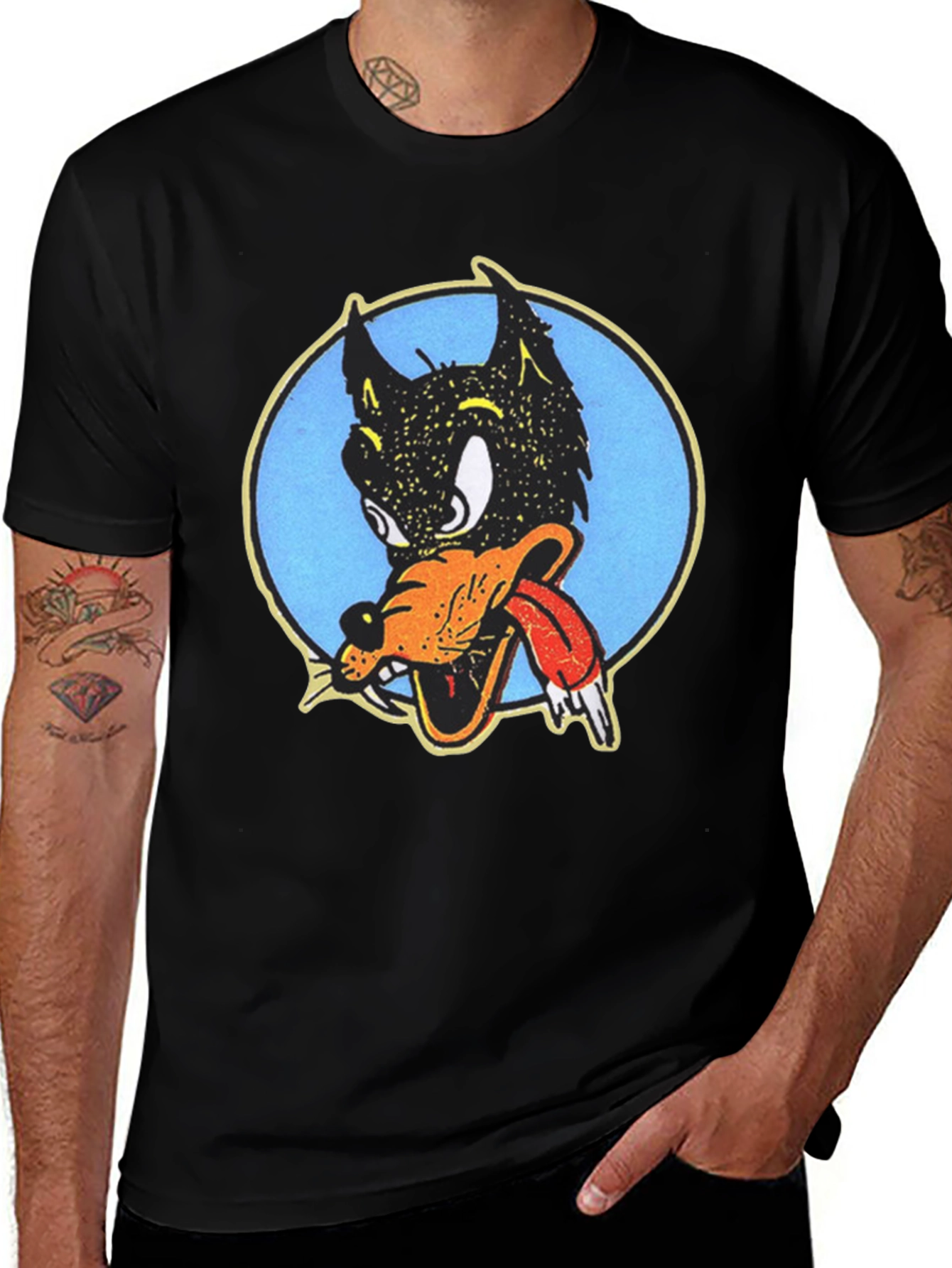 Variant 10 of Cartoon Wolf Graphic Tee - Black Cotton T-Shirt
