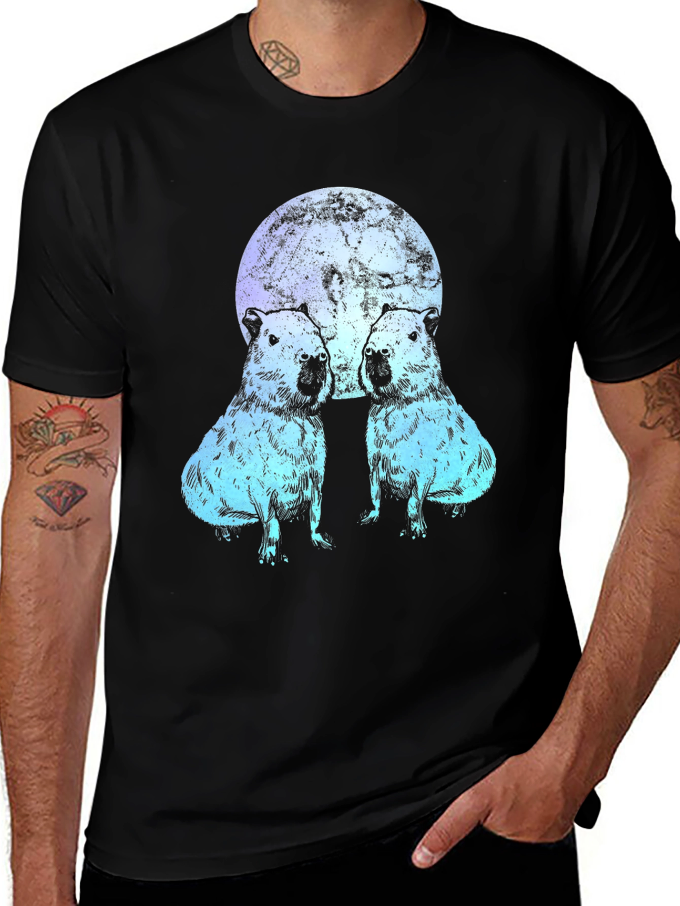 Variant 11 of Capybara Moon Graphic Tee - Unique Black T-Shirt