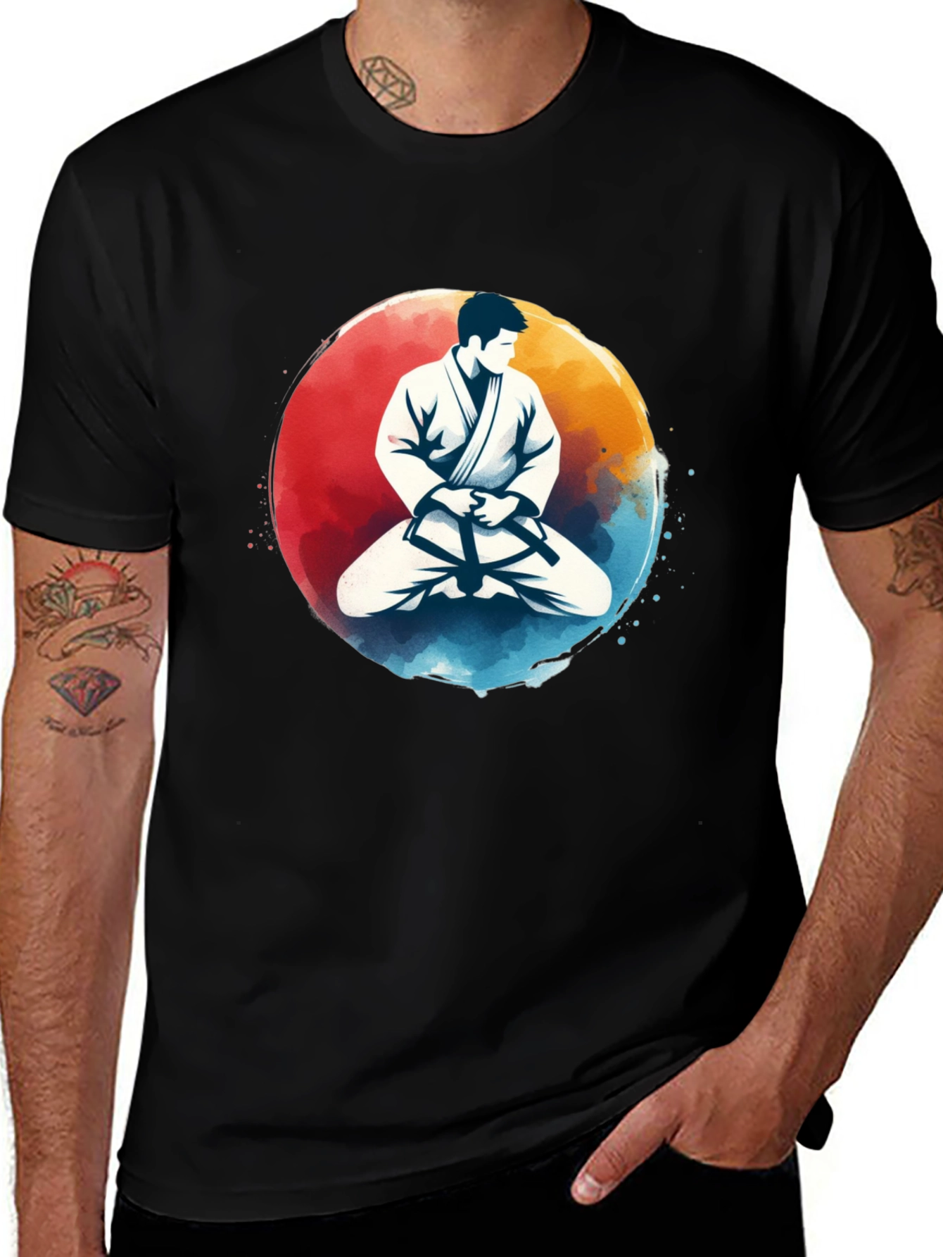 Variant 30 of Karate Meditating Graphic Black T-Shirt