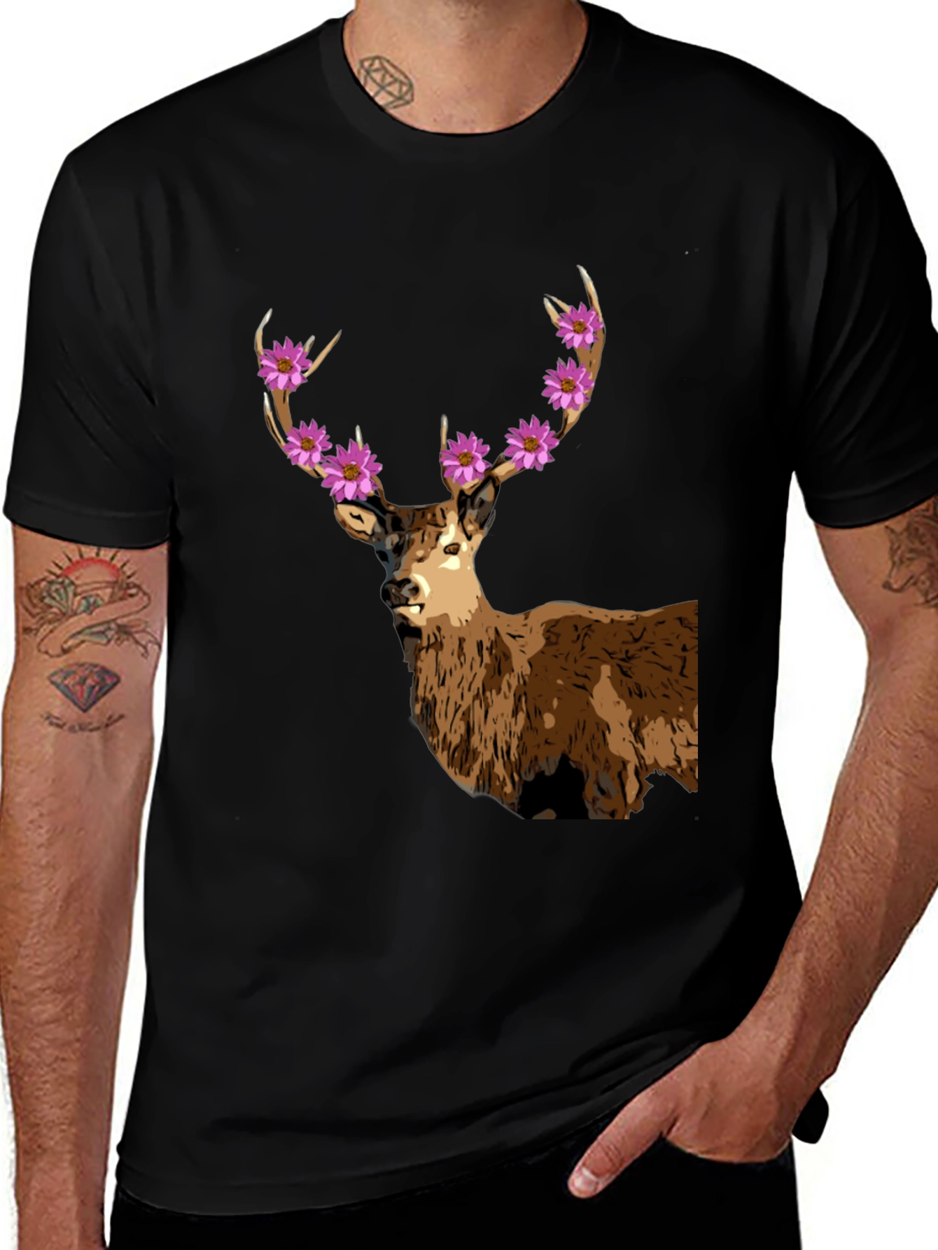 Variant 9 of Floral Deer Graphic Tee - Men's Black T-Shirt