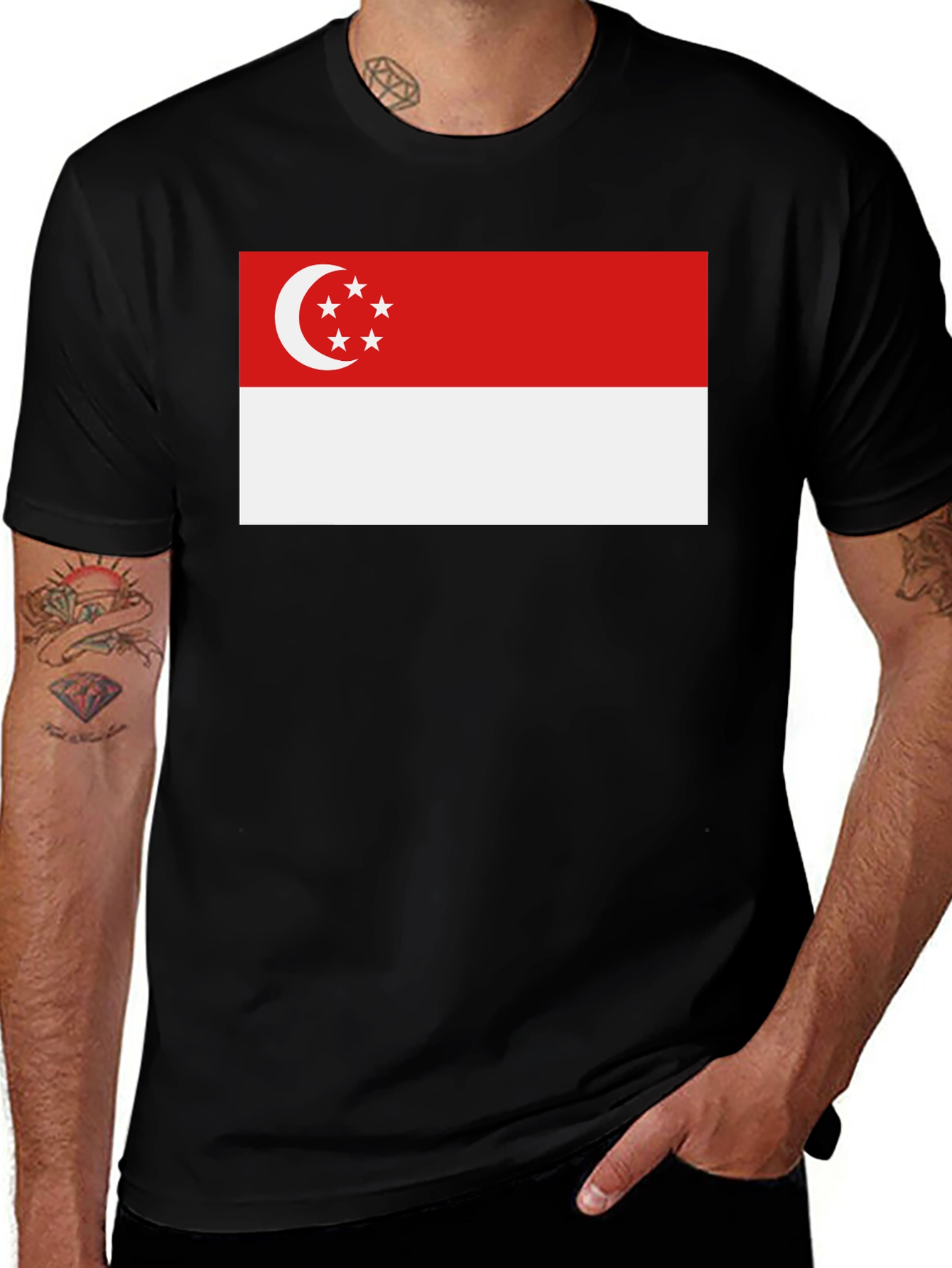Singapore Flag T-Shirt - Black Crew Neck Tee