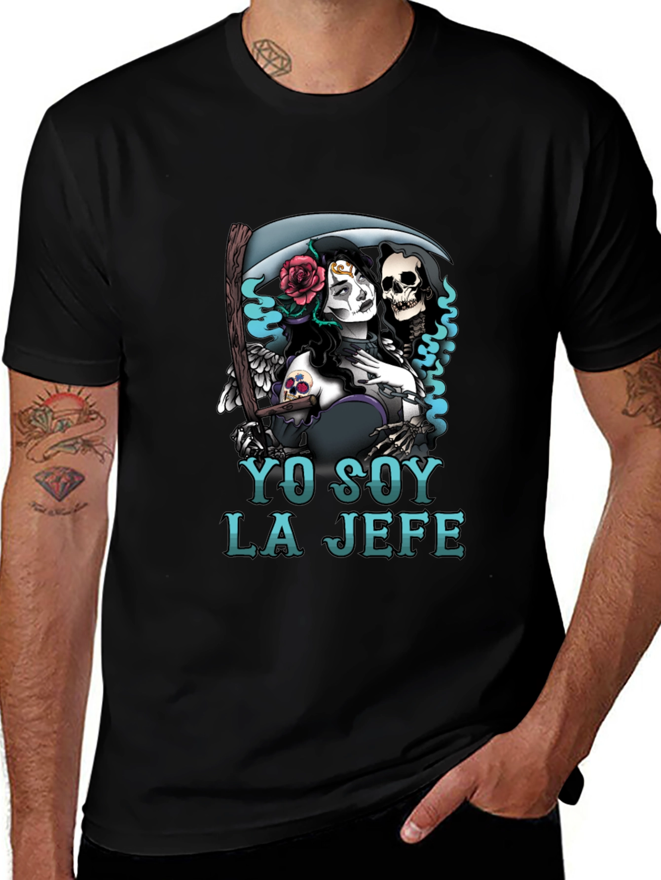 Variant 30 of Yo Soy La Jefe T-Shirt: Grim Reaper & Skull Design
