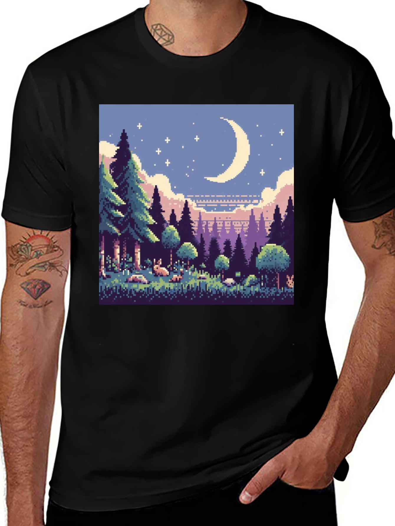 Variant 20 of Pixel Art Moonlit Forest Black T-Shirt